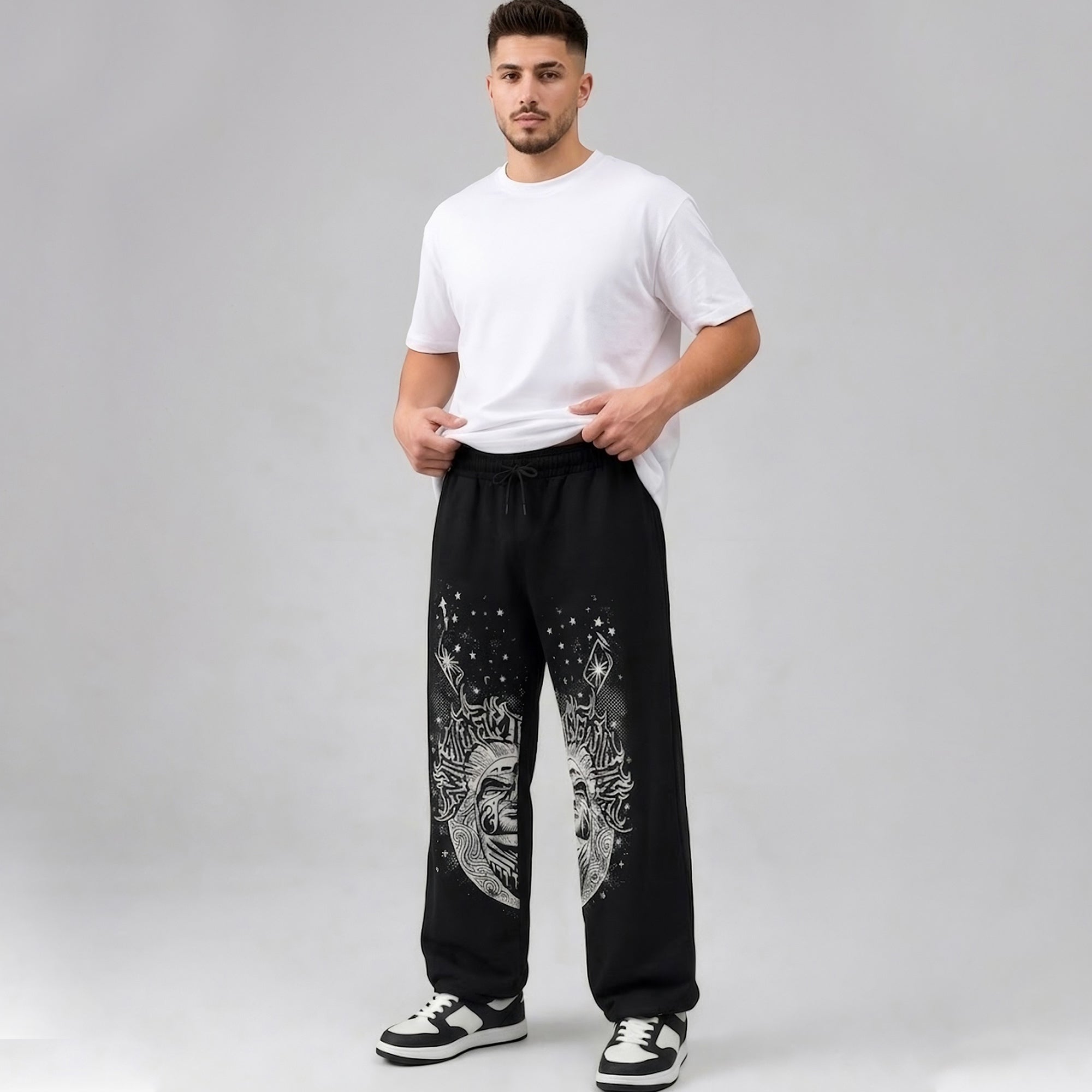 Mens Loose Fit Printed Trackpant Black