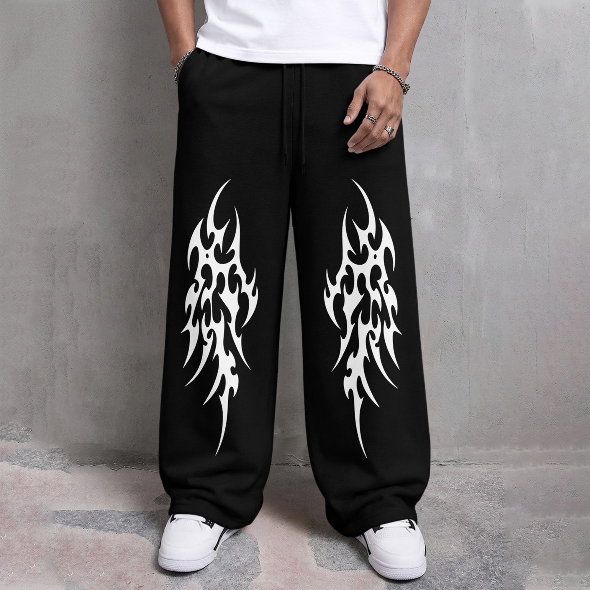 Mens Fine Fabric Printed Loose Fit Black Trackpants