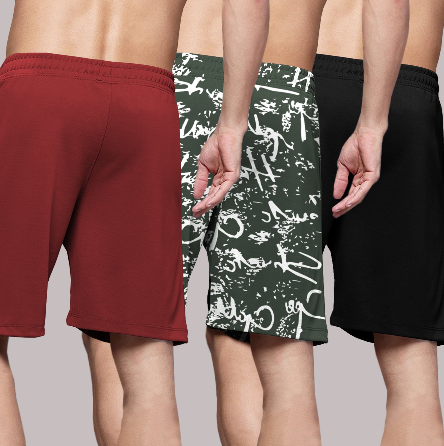 (Pack Of 3) Men Printed Black-Olive-Red Shorts