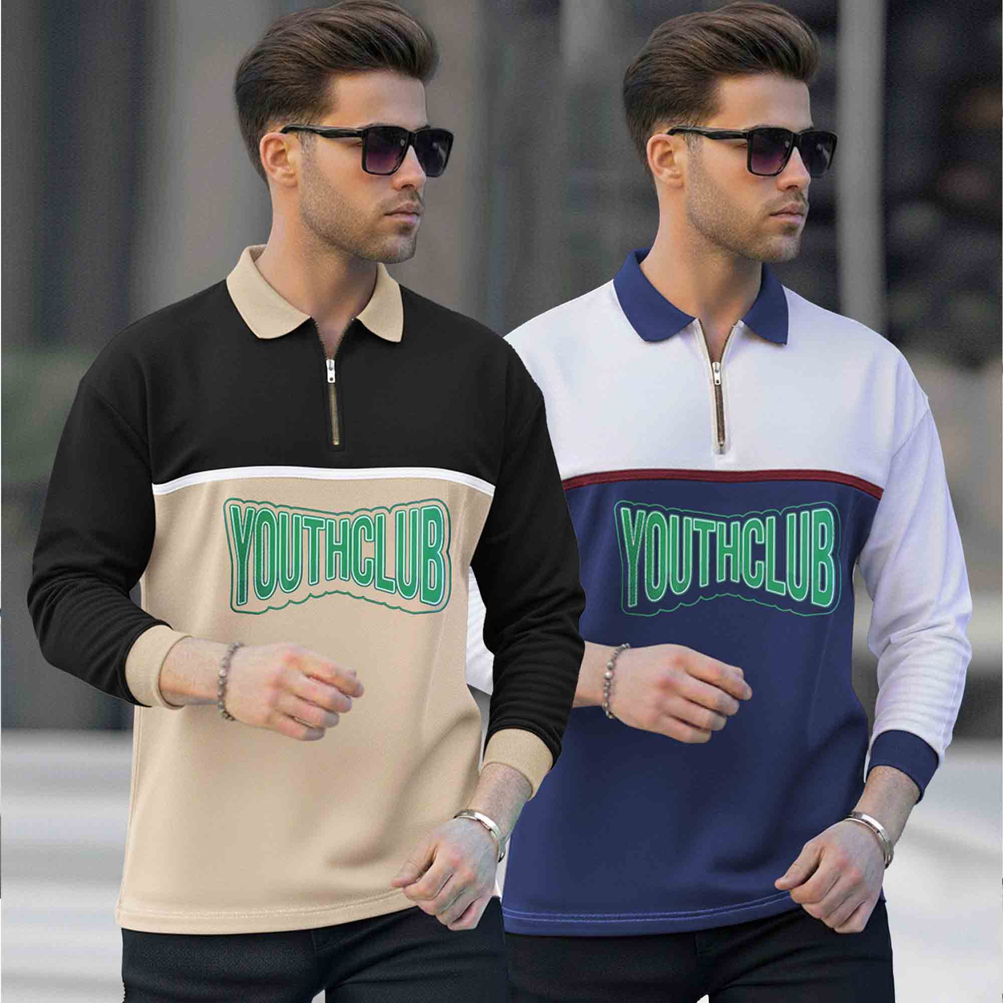 (Pack Of 2) Quarter Zip Polo Neck Vertical Striped Full Sleeve Combo Tshirts - 6 Variants