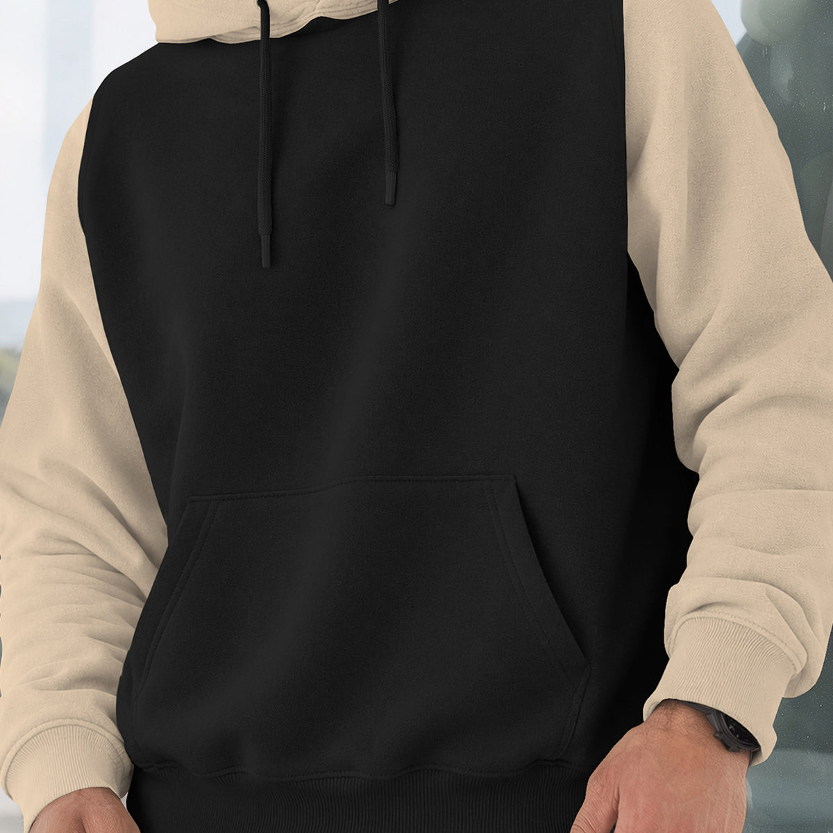 Mens Full Sleeve Two-Tone Casual Pullover Hoodie Black