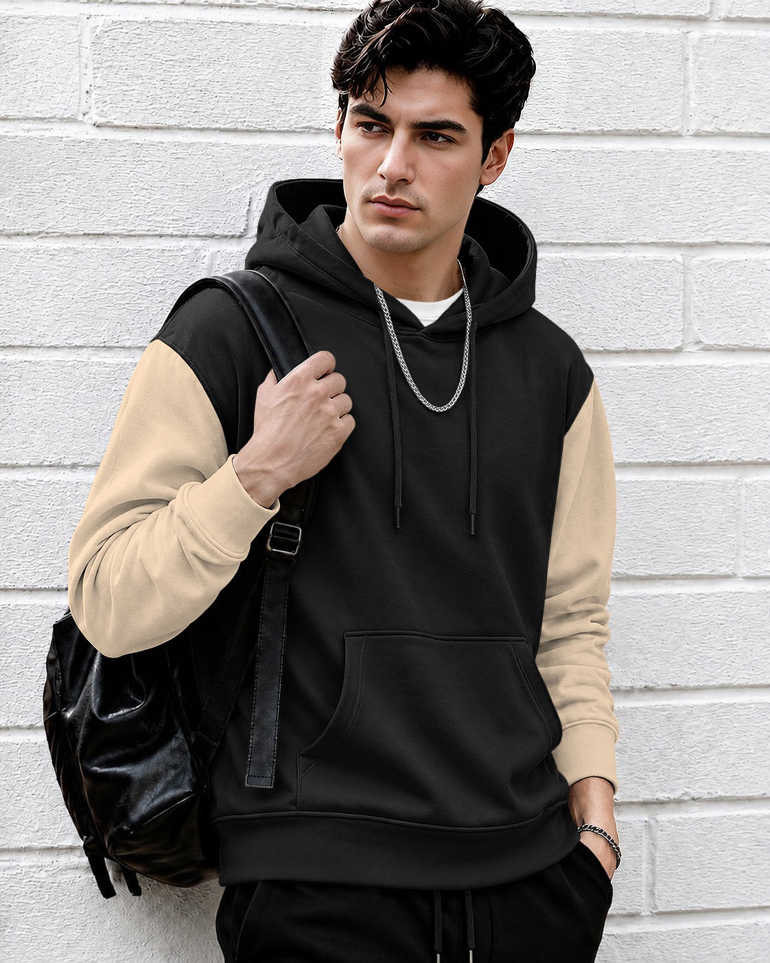 Mens Relaxed Fit Two-Tone Casual Pullover Hoodie Black|Beige