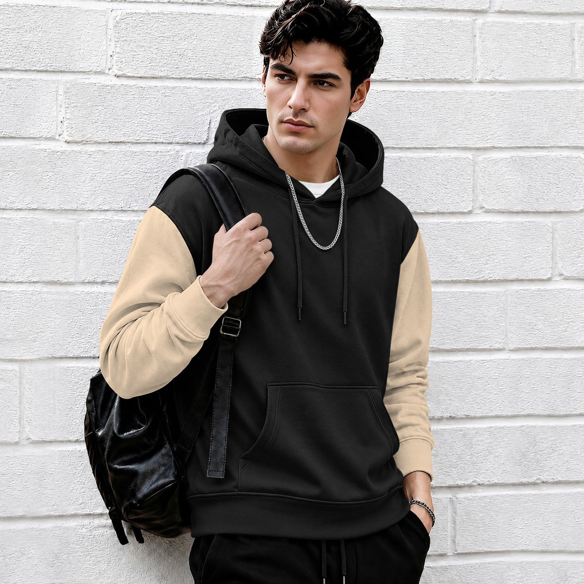 Mens Relaxed Fit Two-Tone Casual Pullover Hoodie Black|Beige