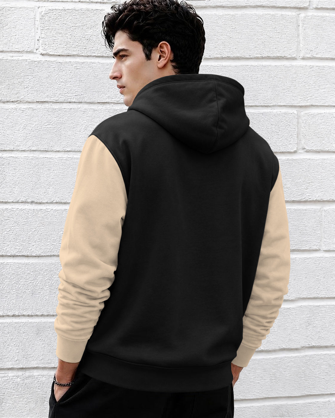 Mens Relaxed Fit Two-Tone Casual Pullover Hoodie Black|Beige