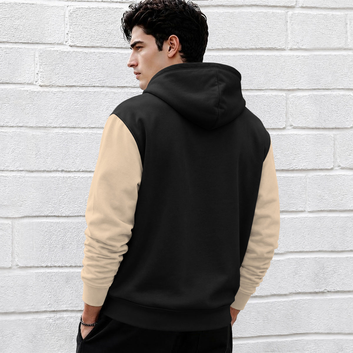 Mens Relaxed Fit Two-Tone Casual Pullover Hoodie Black|Beige