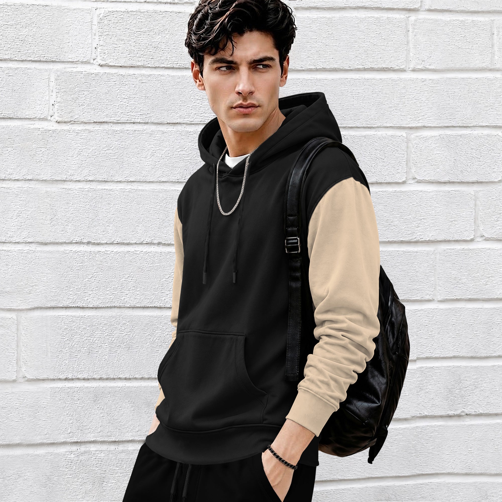 Mens Relaxed Fit Two-Tone Casual Pullover Hoodie Black|Beige