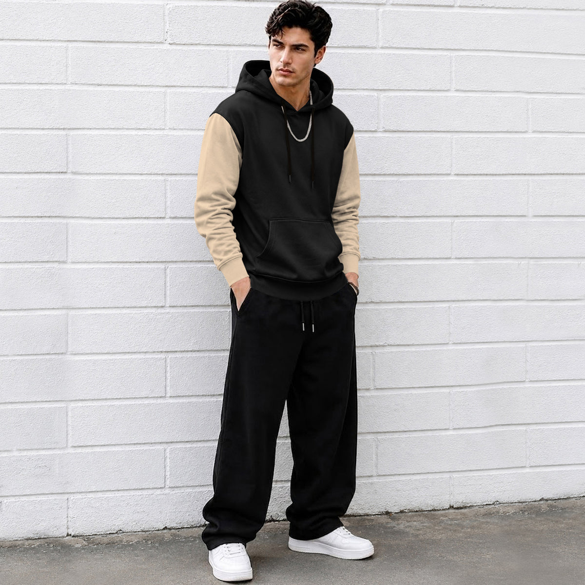 Mens Relaxed Fit Two-Tone Casual Pullover Hoodie Black|Beige