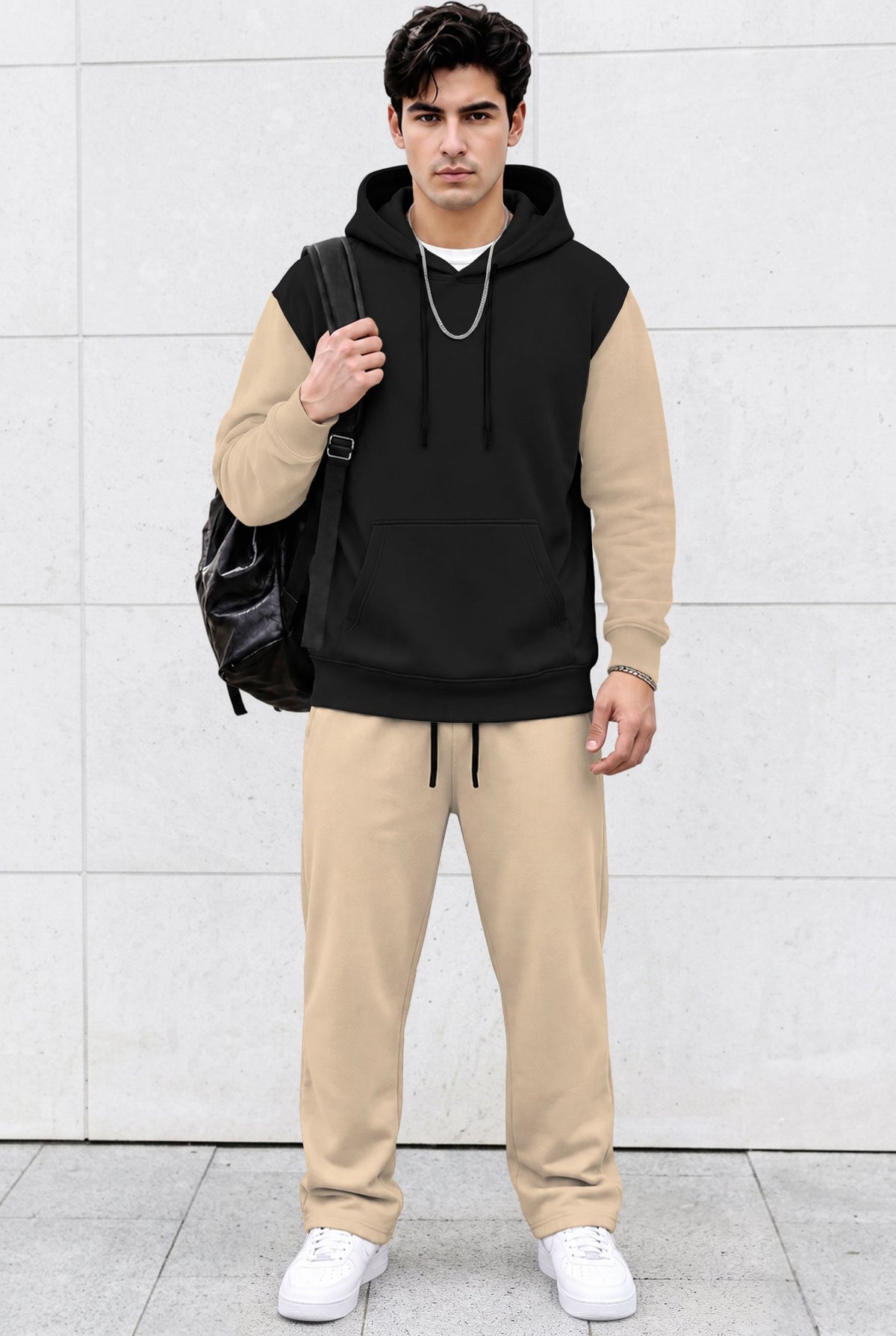 Tracksuit Men Hooded Sweatshirt & Loose Fit Plain Trackpants