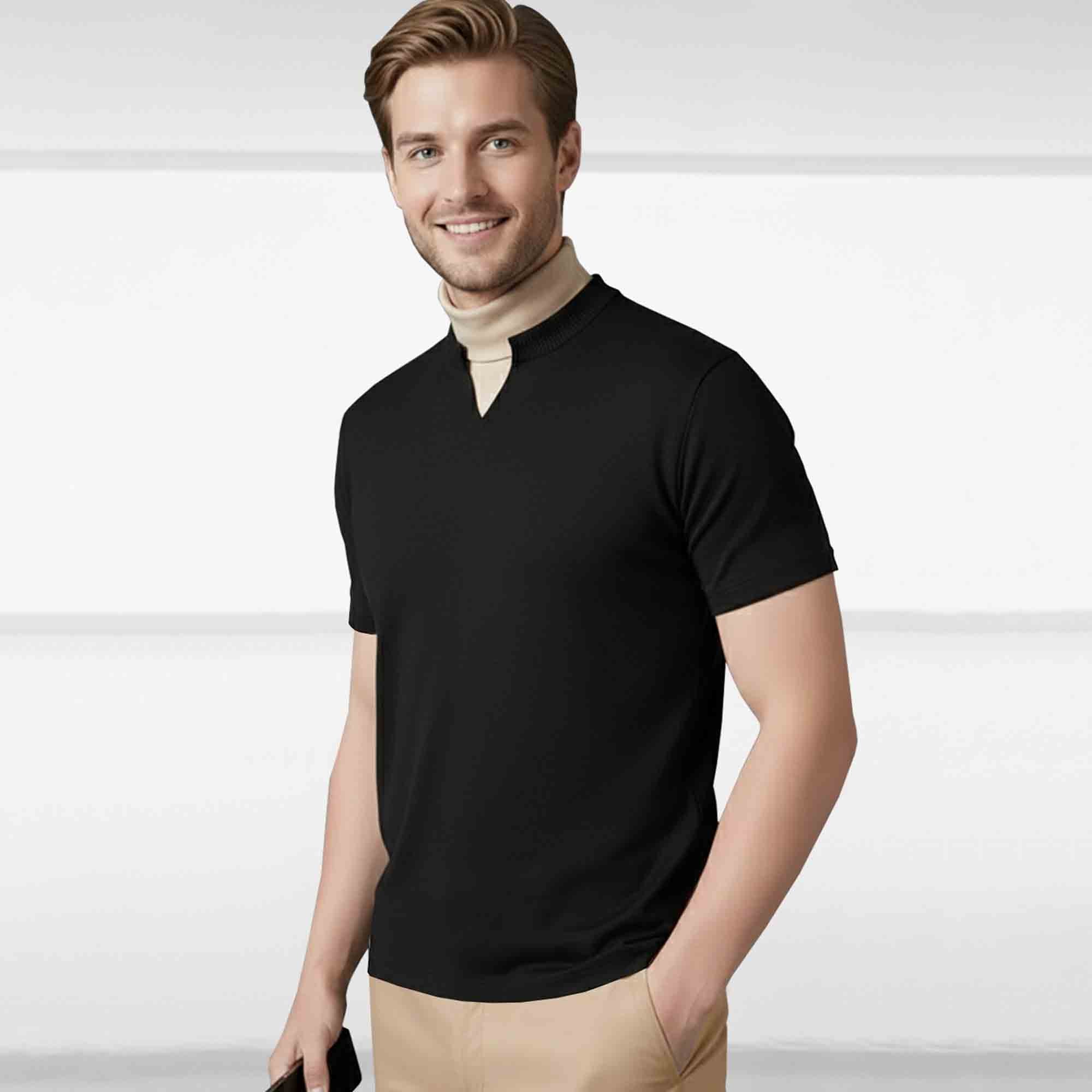 Men Mock Neck Contrast T-Shirt, Black Beige