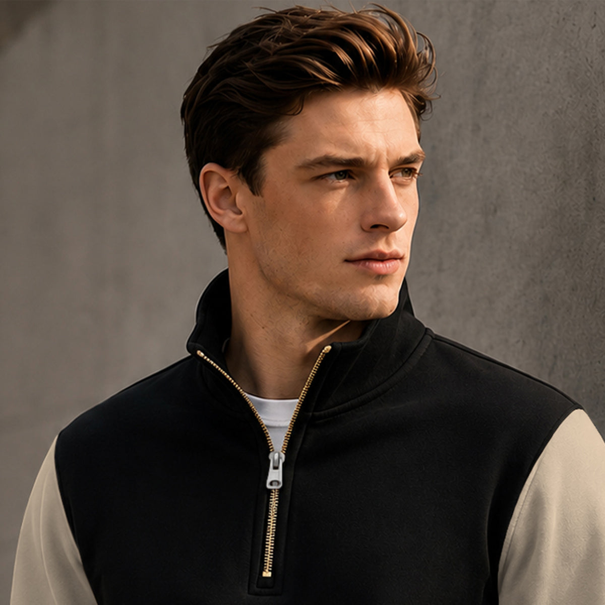 Colorblocked Quarter Zip Neck Full Sleeve Sweatshirt Black