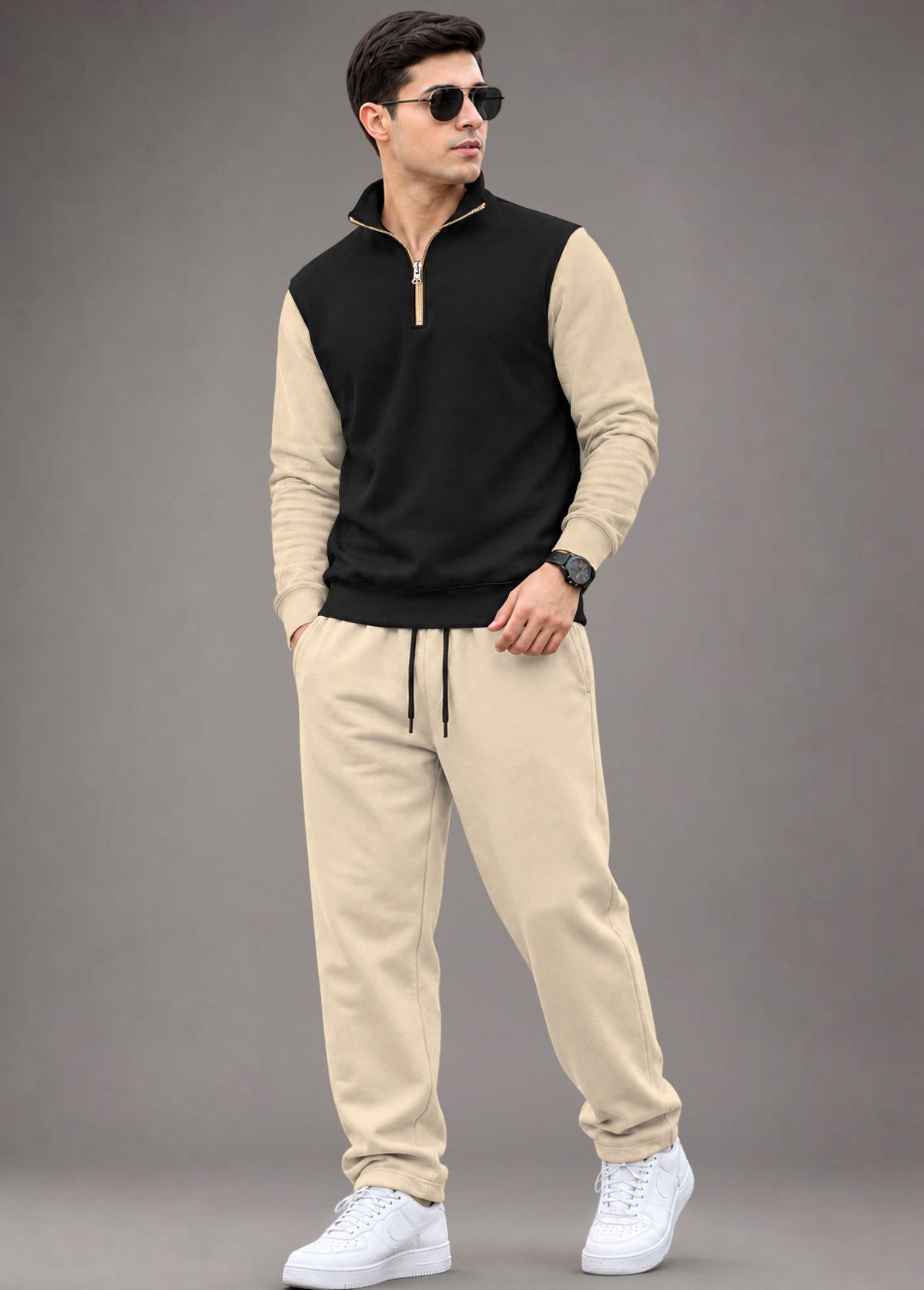Outfit Set Men Coloblock Sweatshirt & Loose Fit Plain Trackpant
