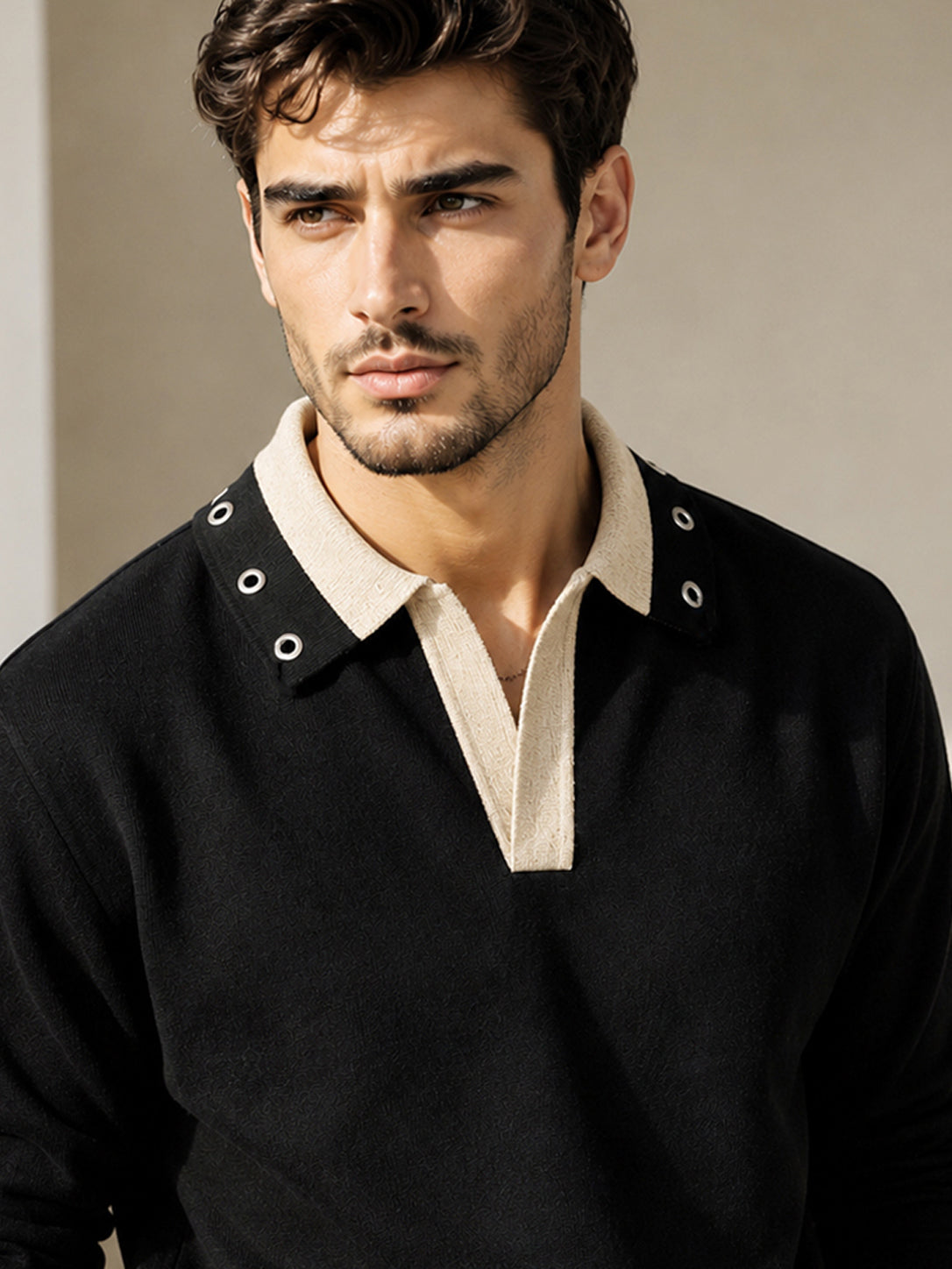 Mens Coloblocked Full Sleeve Polo Sweatshirt Black