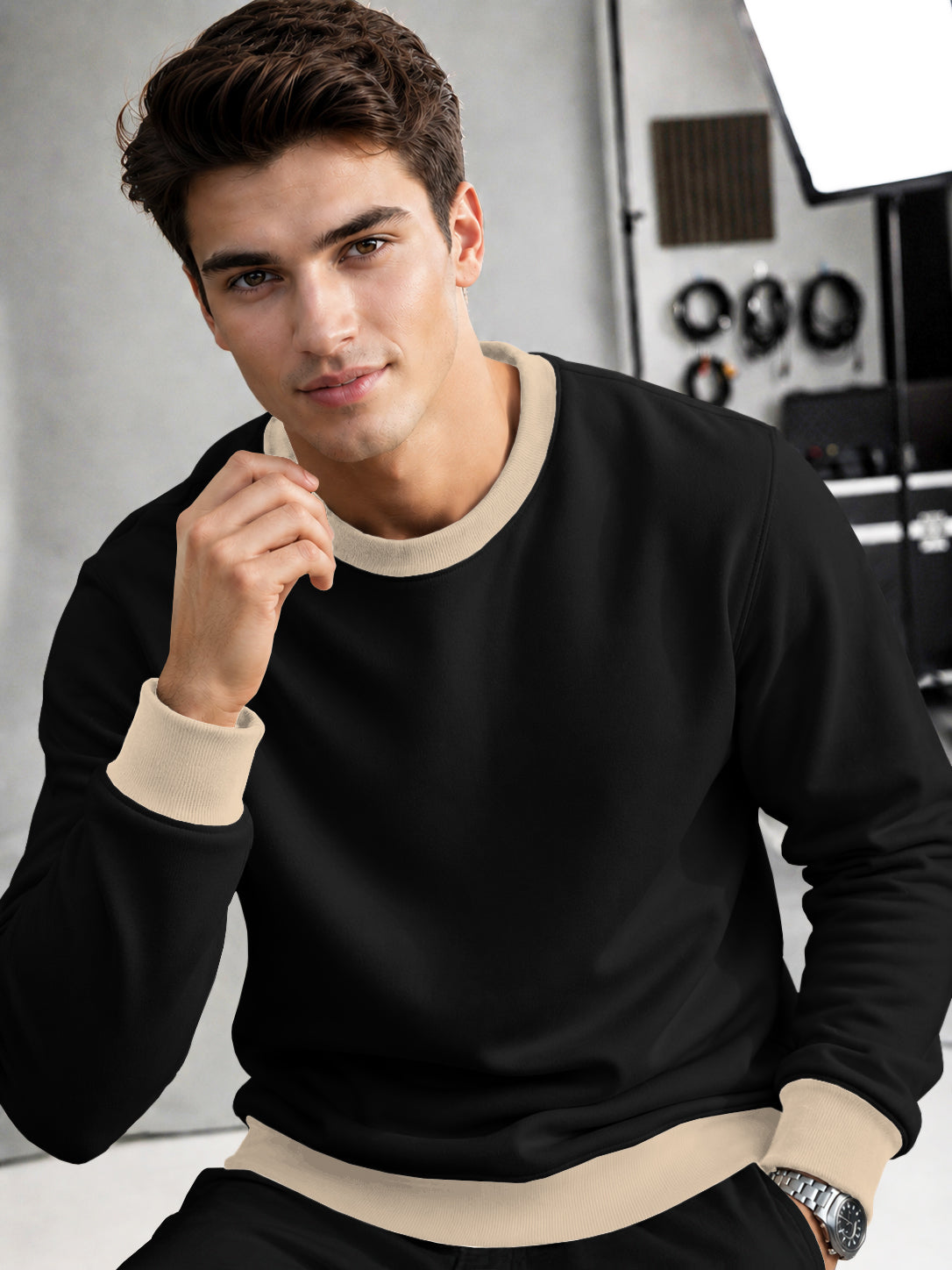 Mens Colorblocked Full Sleeve Round Neck Winter Sweatshirt Black|Beige