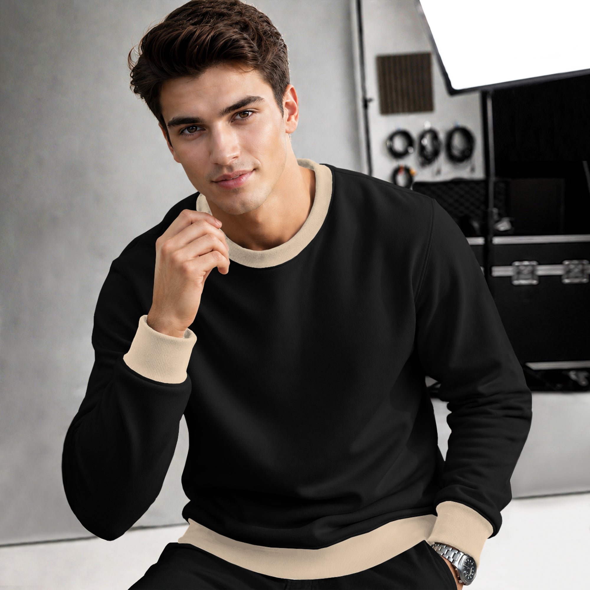 Mens Colorblocked Full Sleeve Round Neck Winter Sweatshirt Black|Beige