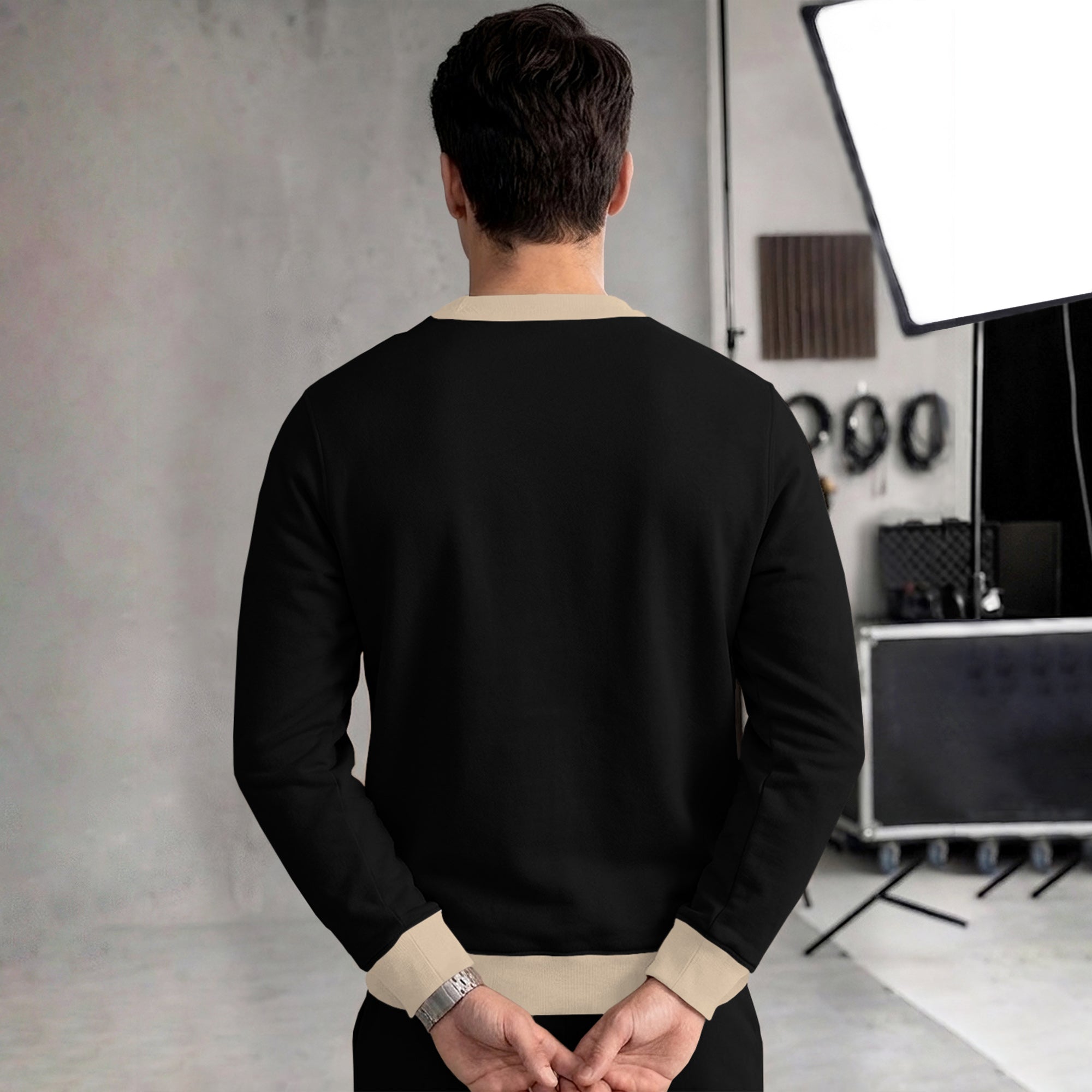 Mens Colorblocked Full Sleeve Round Neck Winter Sweatshirt Black|Beige
