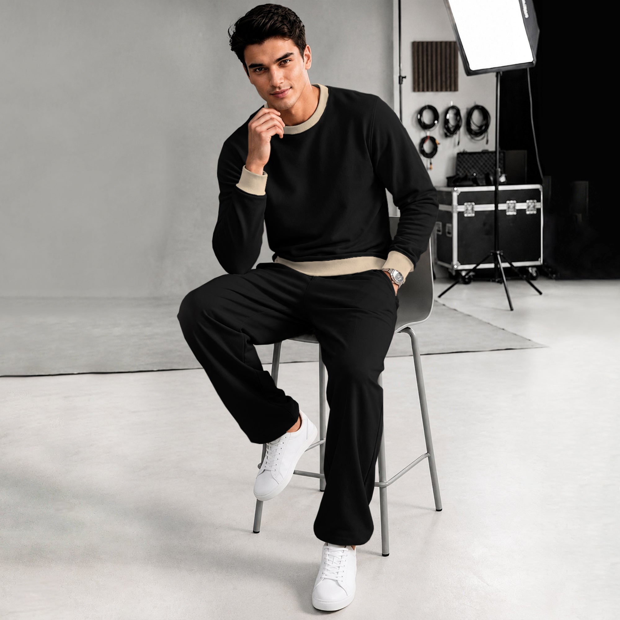 Mens Colorblocked Full Sleeve Round Neck Winter Sweatshirt Black|Beige