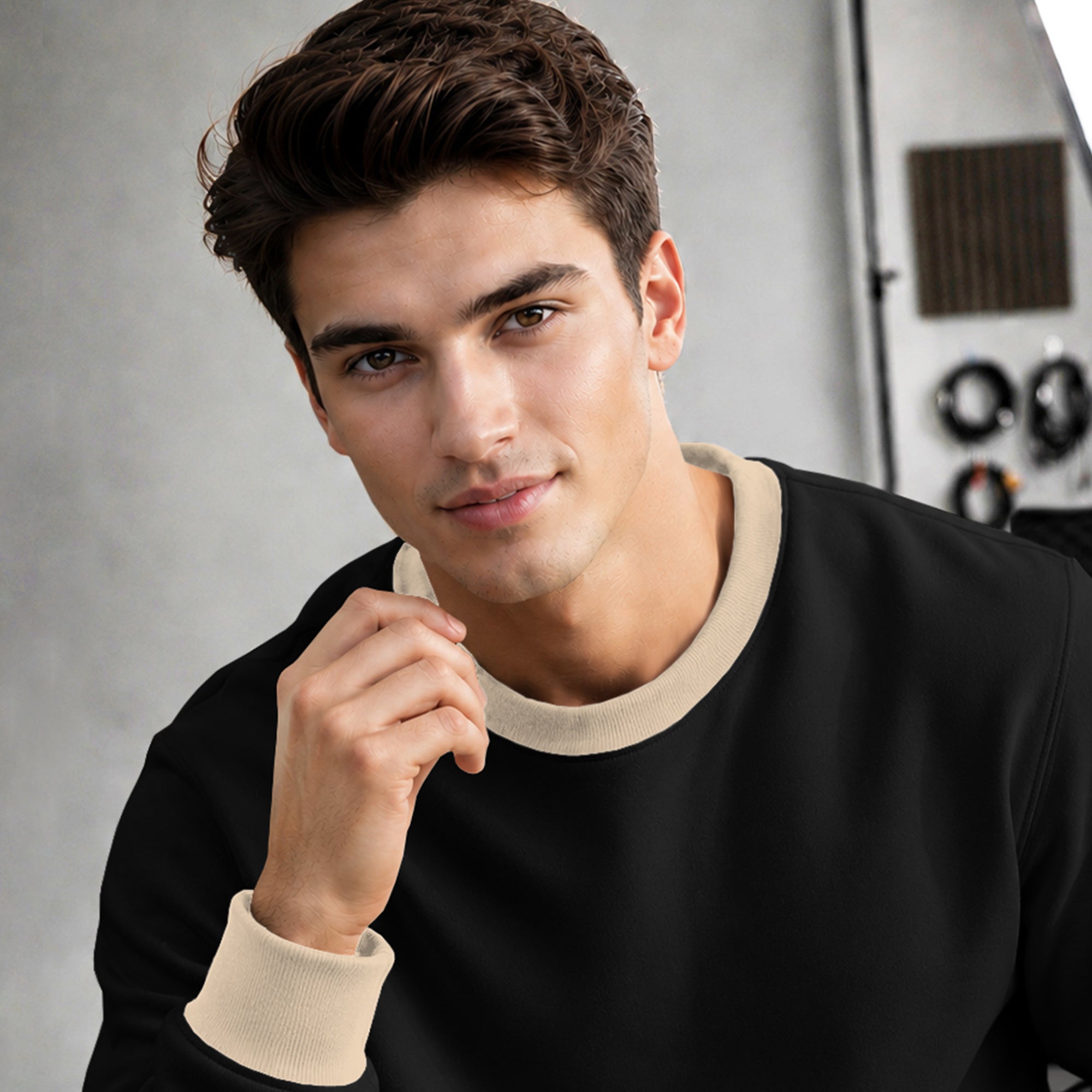 Mens Colorblocked Full Sleeve Round Neck Winter Sweatshirt Black|Beige