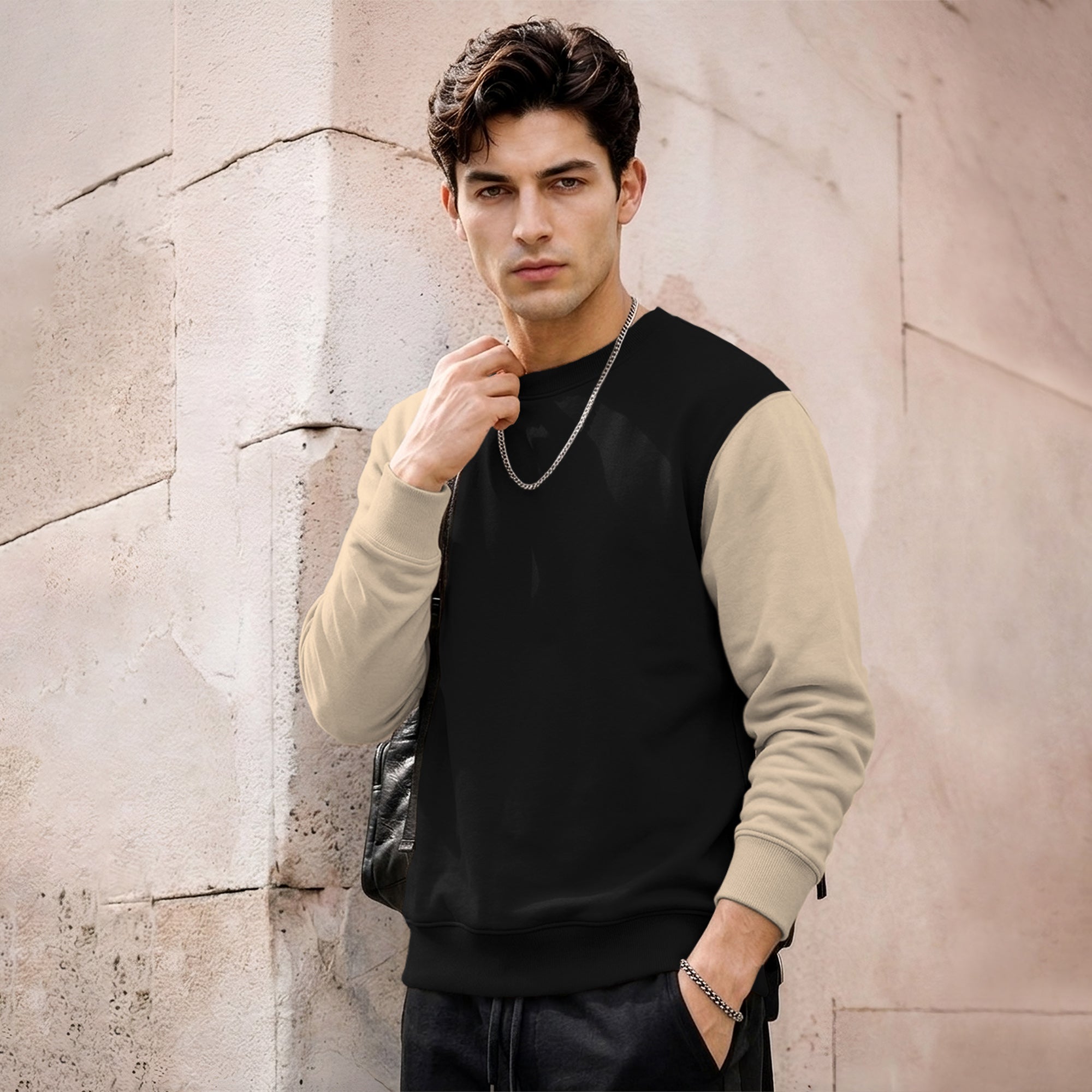 Mens Contrast Sleeve Round Neck Sweatshirt Black