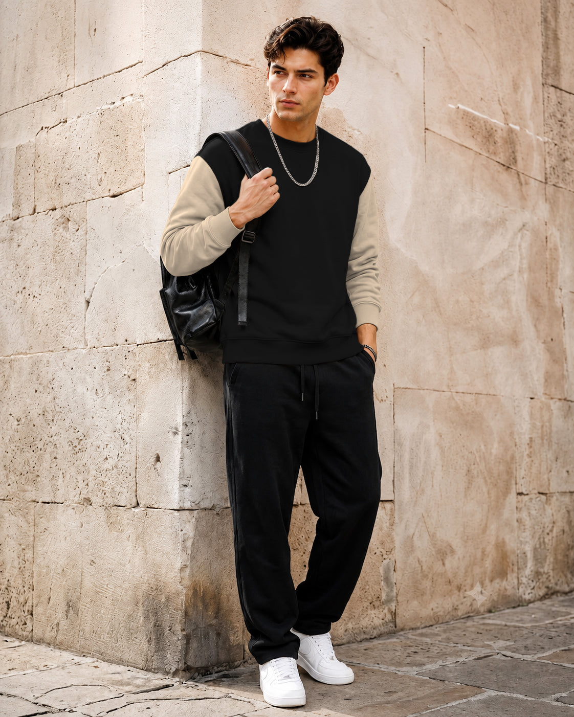 Mens Contrast Sleeve Round Neck Sweatshirt Black