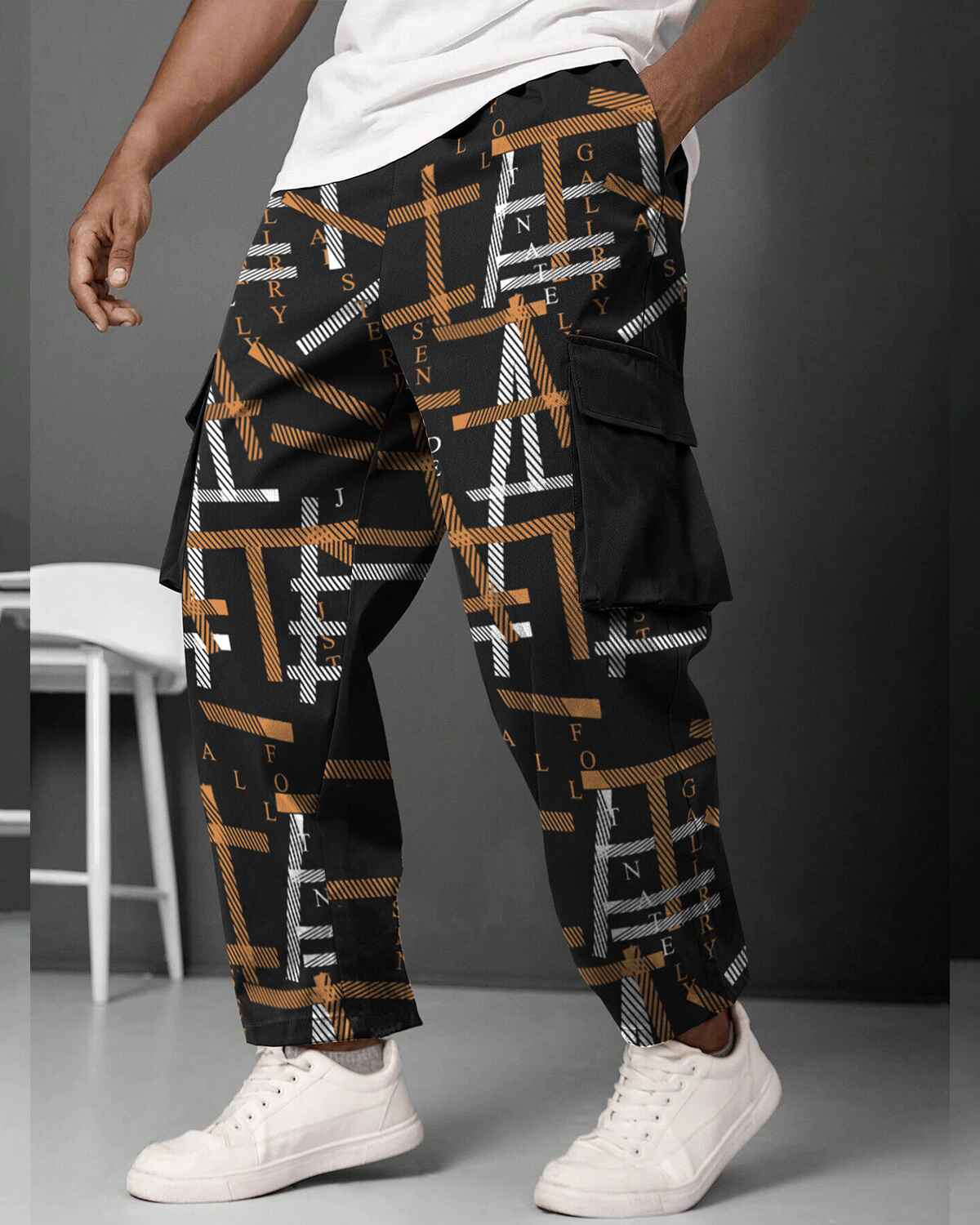 Mens Multi Pockets All Over Printed Baggy fit oversized Black Brown Cargo Jogger