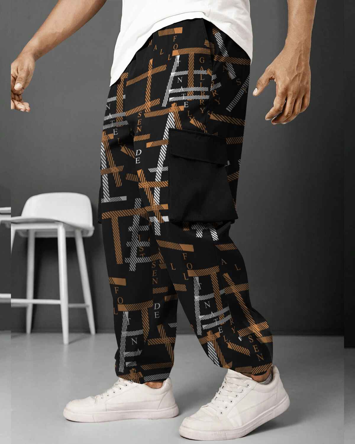 Mens Multi Pockets All Over Printed Baggy fit oversized Black & Brown Cargo Jogger
