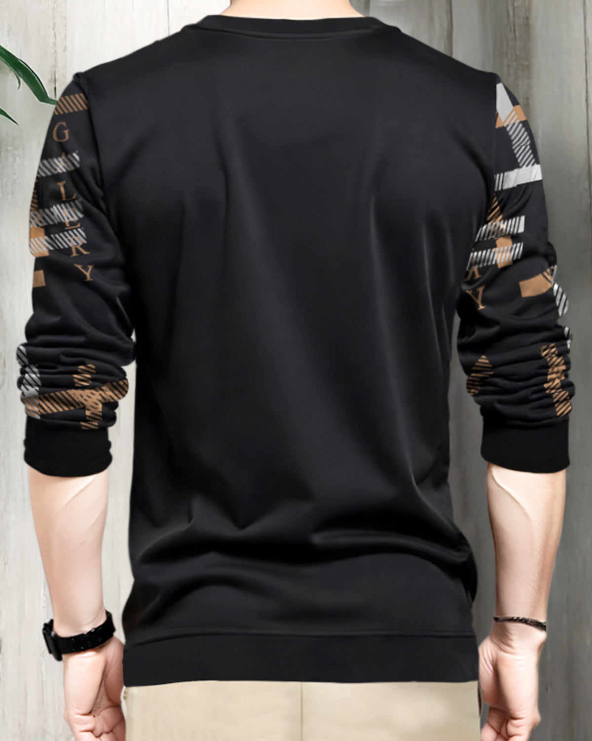 Mens Full Sleeve Round Neck Printed Black-Brown T-shirt