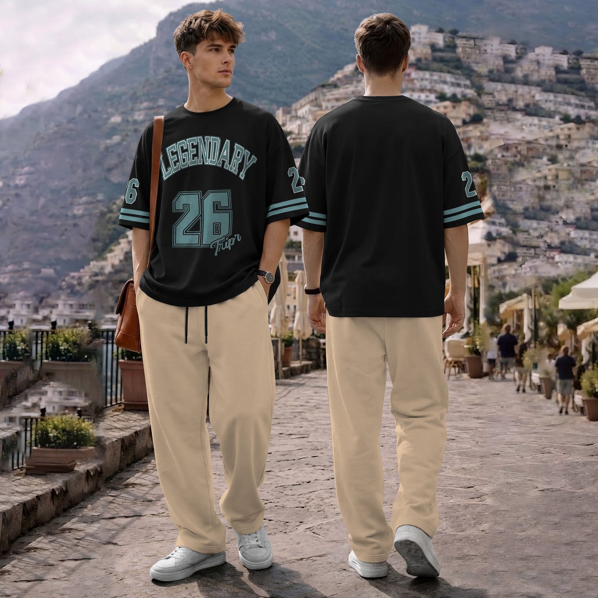 Men Tracksuit Oversized Back Printed Tshirts Loose Fit Plain Trackpants