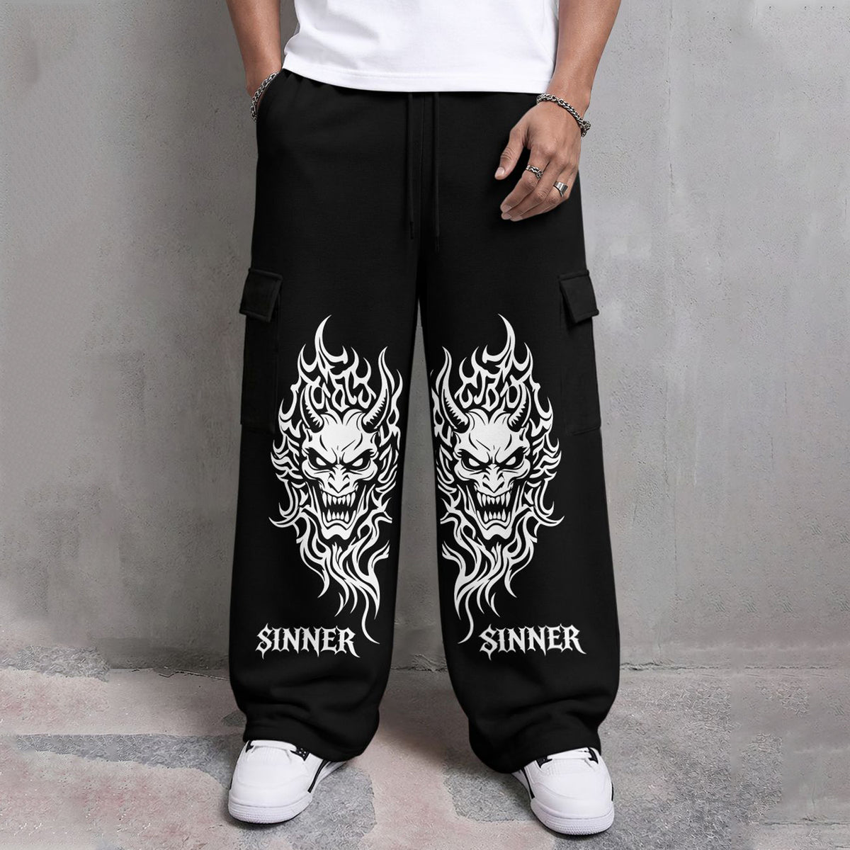 Mens Printed Baggy Cargo Black