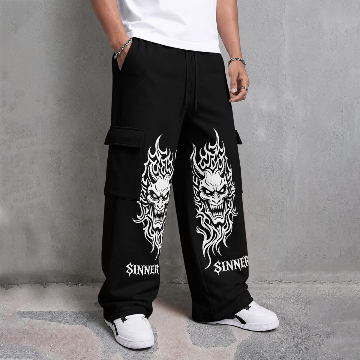 Mens Printed Baggy Cargo Black