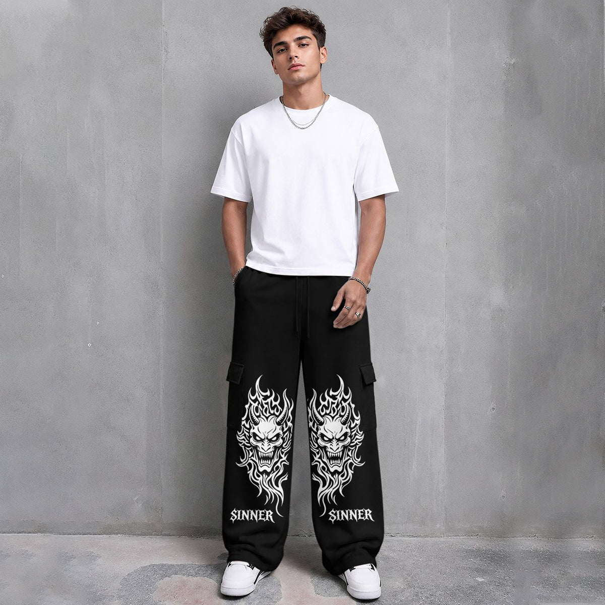 Mens Printed Baggy Cargo Black