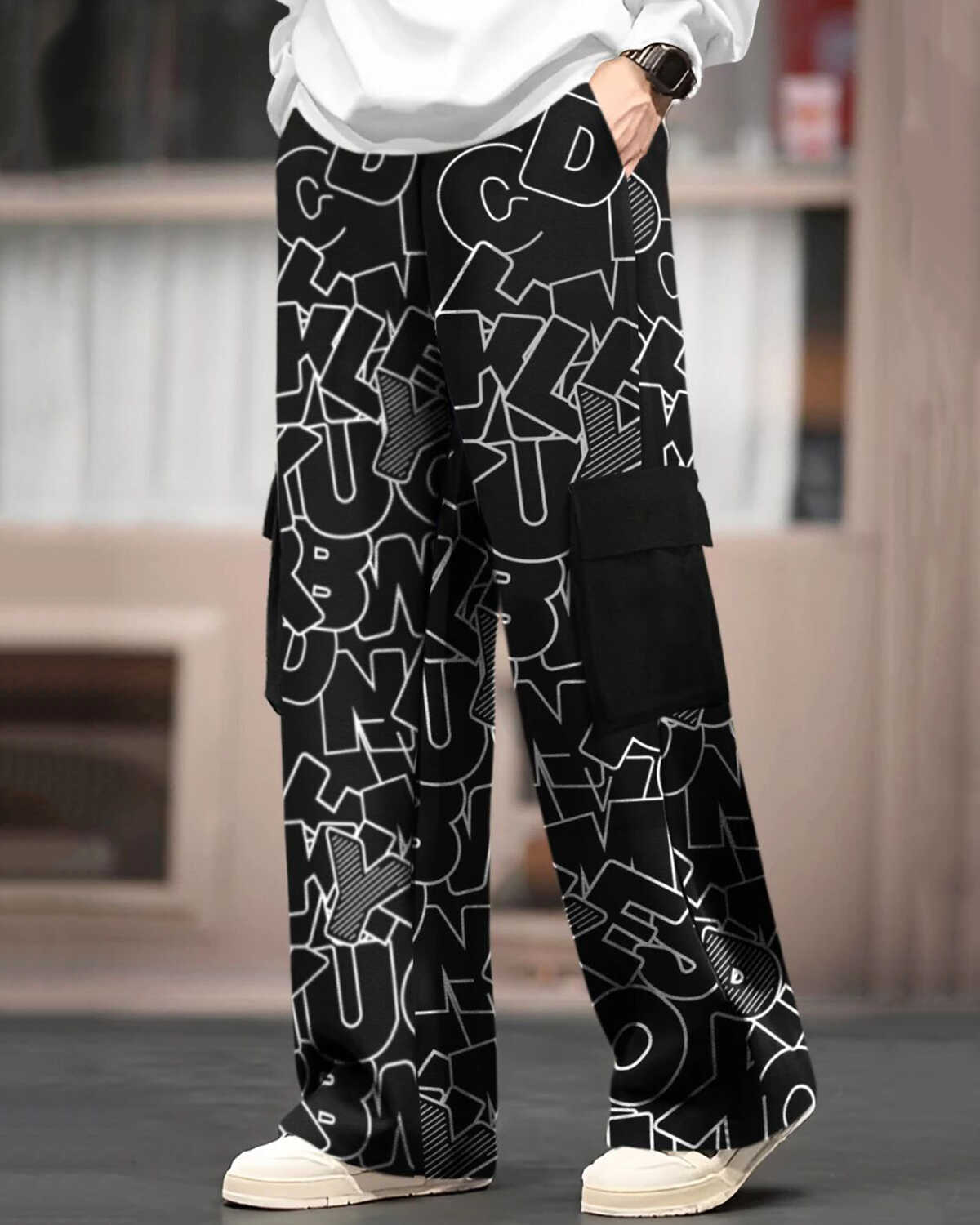 Mens Multi Pockets All Over Printed Baggy fit oversized Black Cargo Jogger