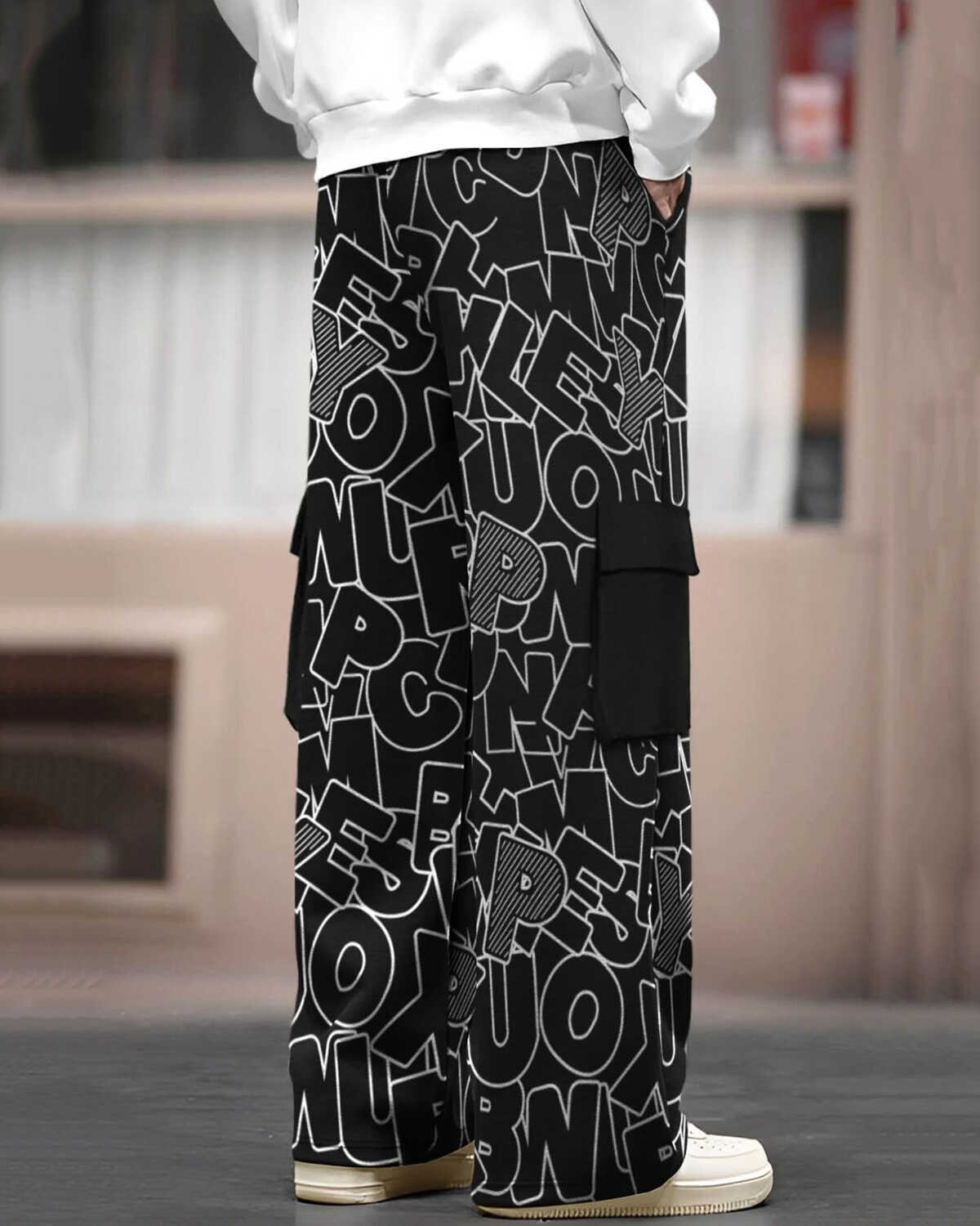 Mens Multi Pockets All Over Printed Baggy fit oversized Black Cargo Jogger
