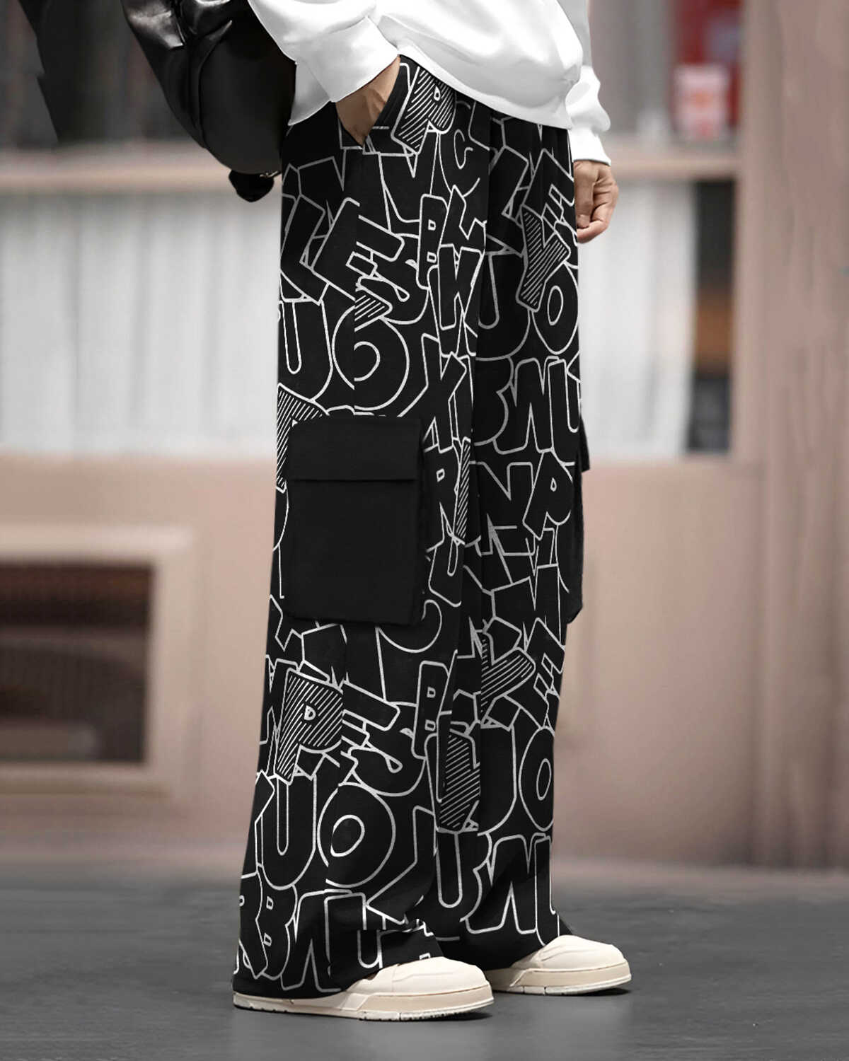 Mens Multi Pockets All Over Printed Baggy fit oversized Black Cargo Jogger