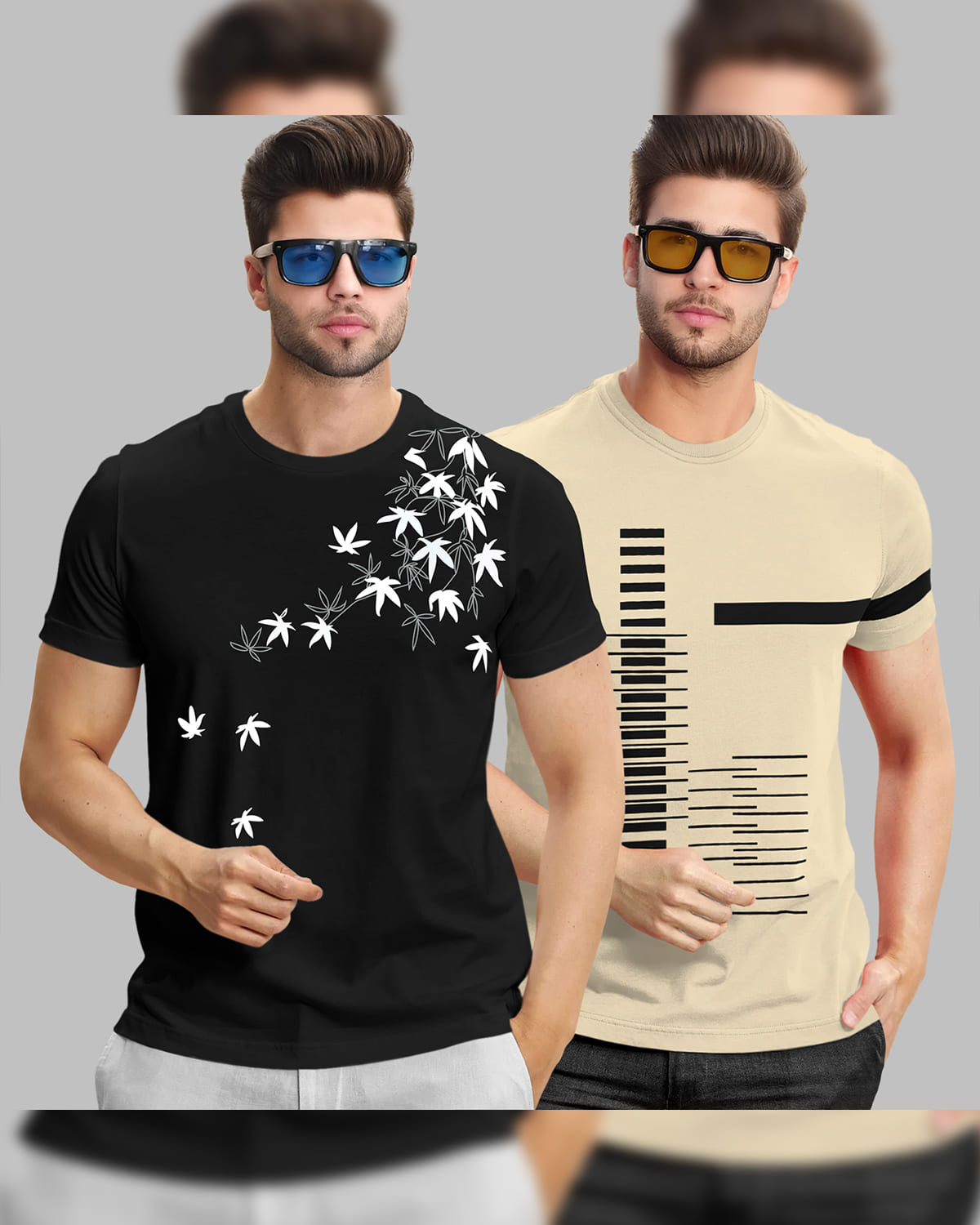 (Pack Of 2) Half Sleeve Black & Beige Printed T-shirts