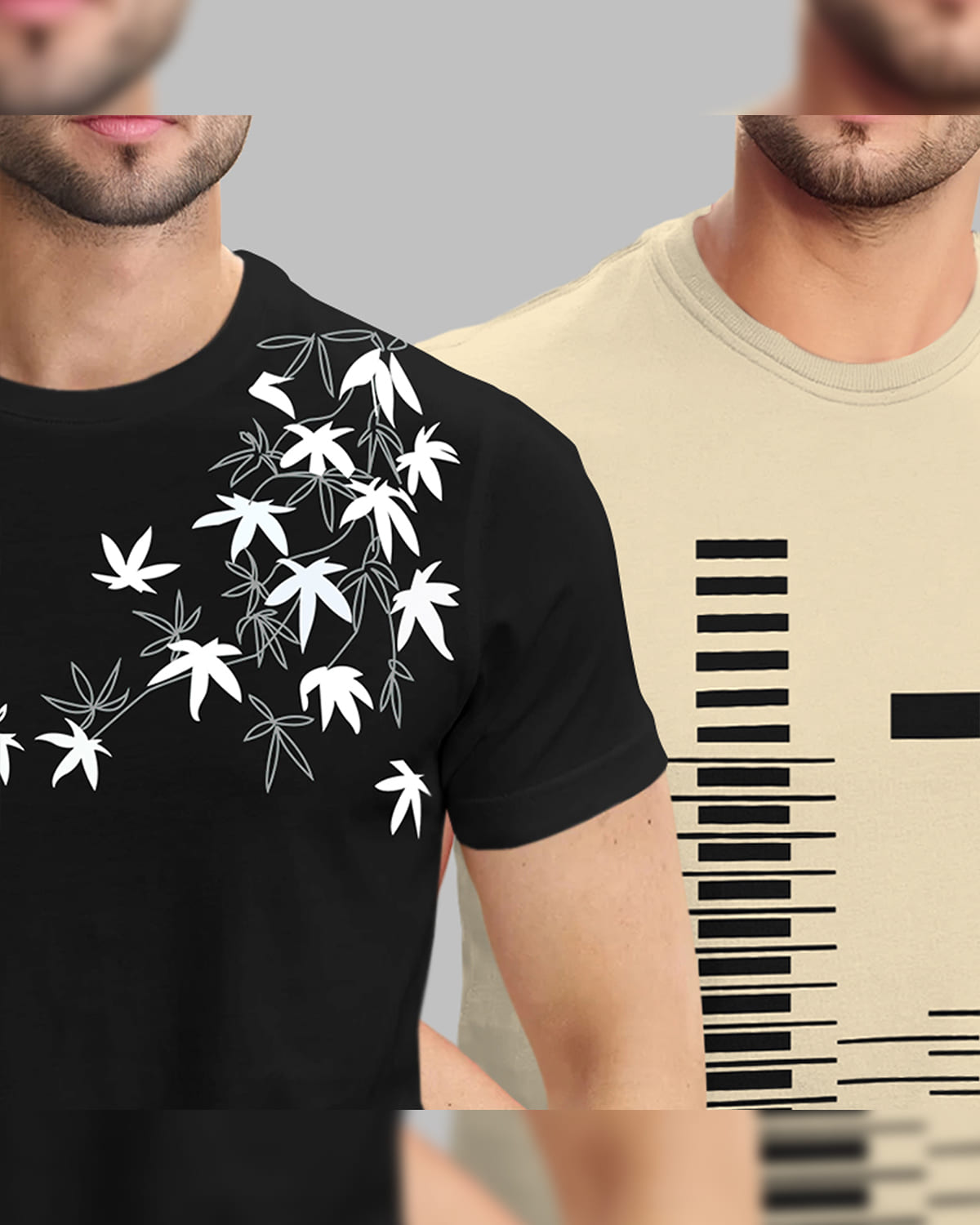 (Pack Of 2) Half Sleeve Black & Beige Printed T-shirts