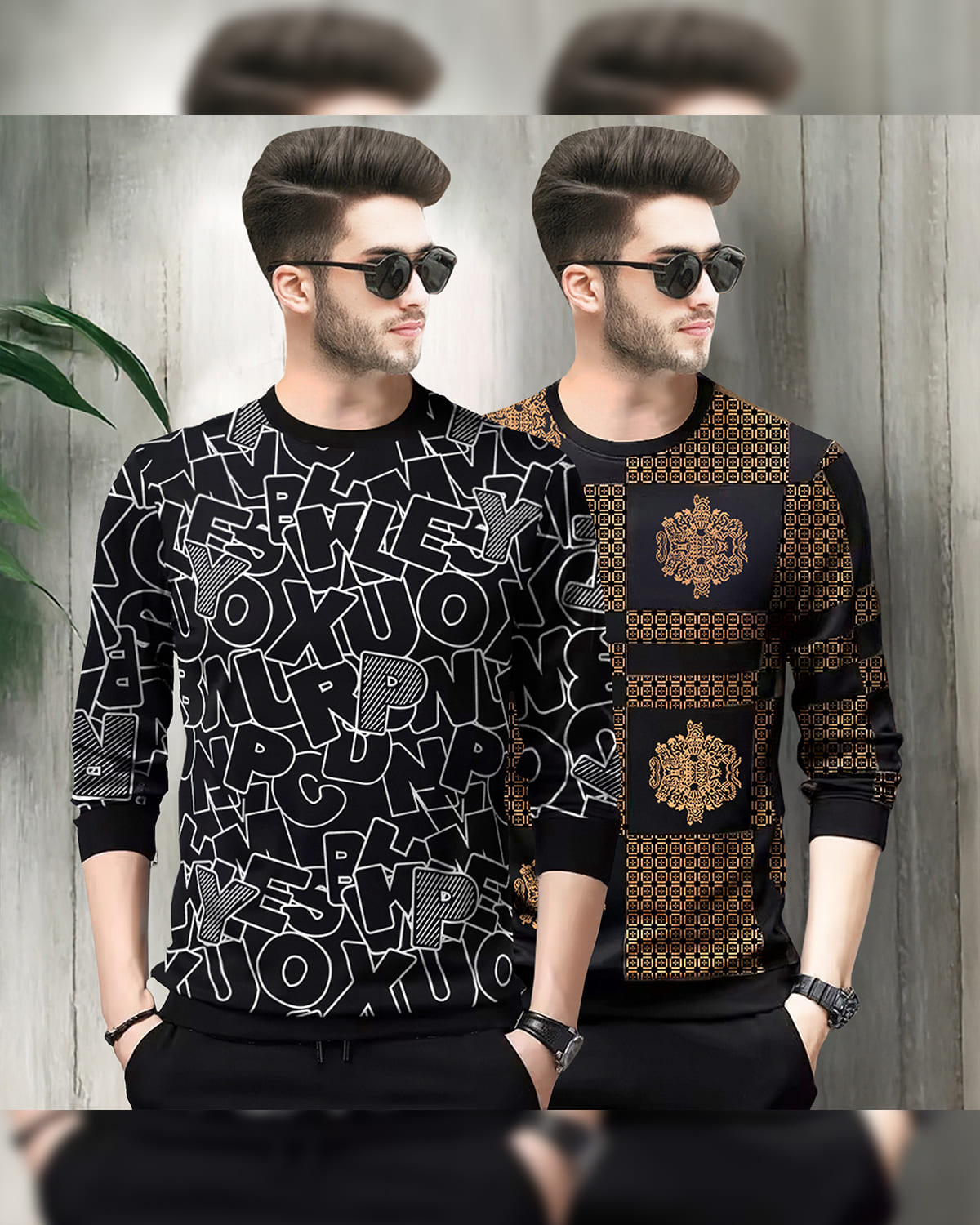 (Pack Of 2) All Over Black & Brown Printed T-shirts