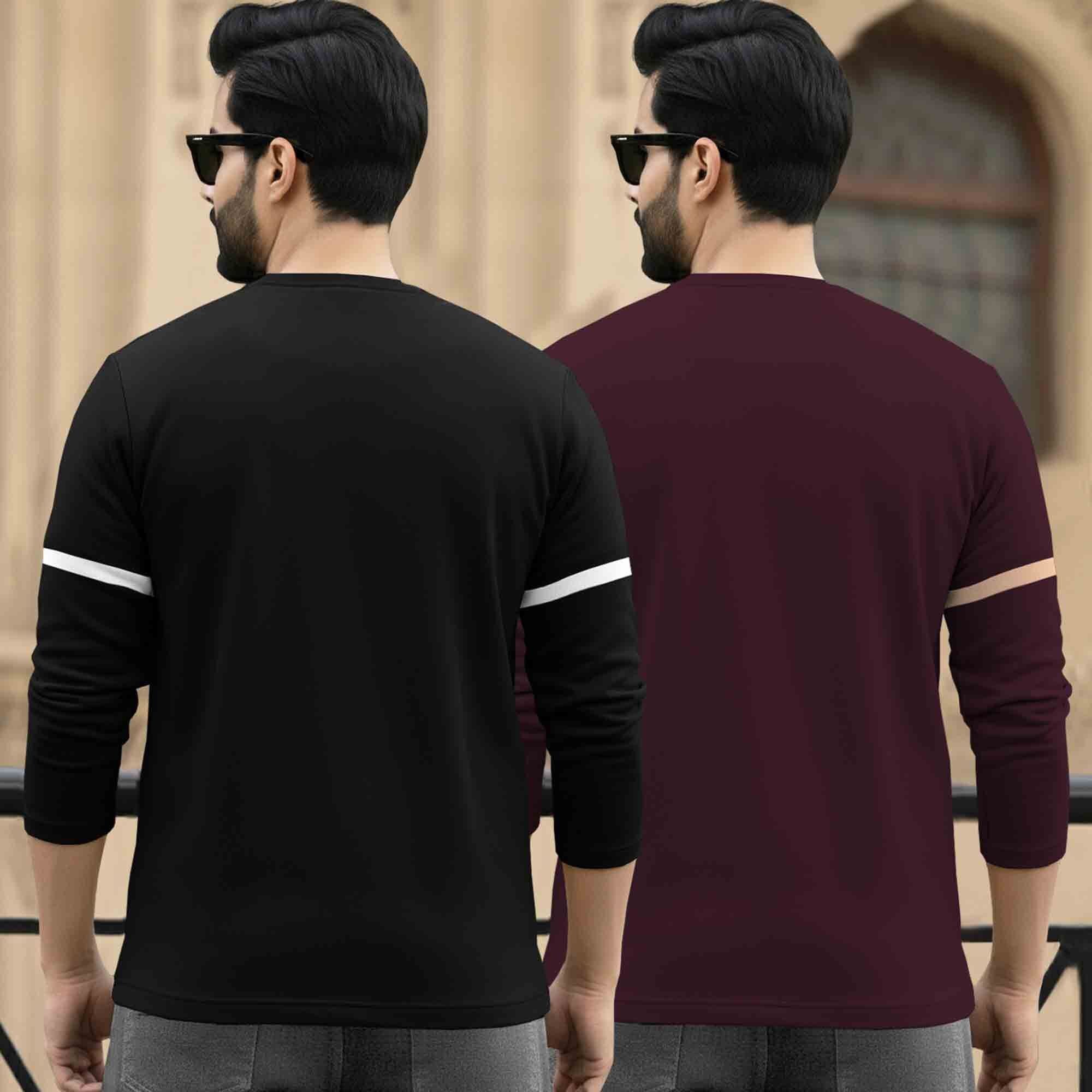 (Pack Of 2) Mens Full Sleeve Round Neck Printed T-shirts Black & Maroon