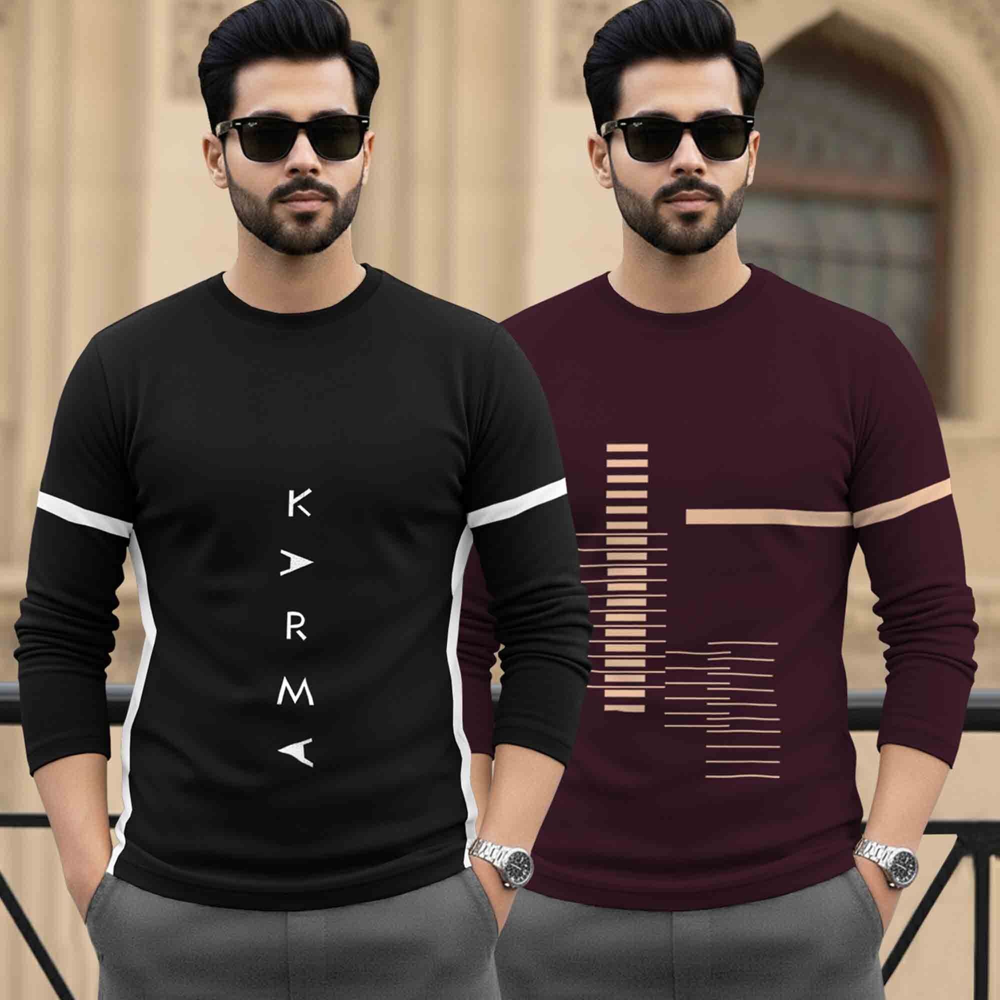 (Pack Of 2) Mens Full Sleeve Round Neck Printed T-shirts Black & Maroon