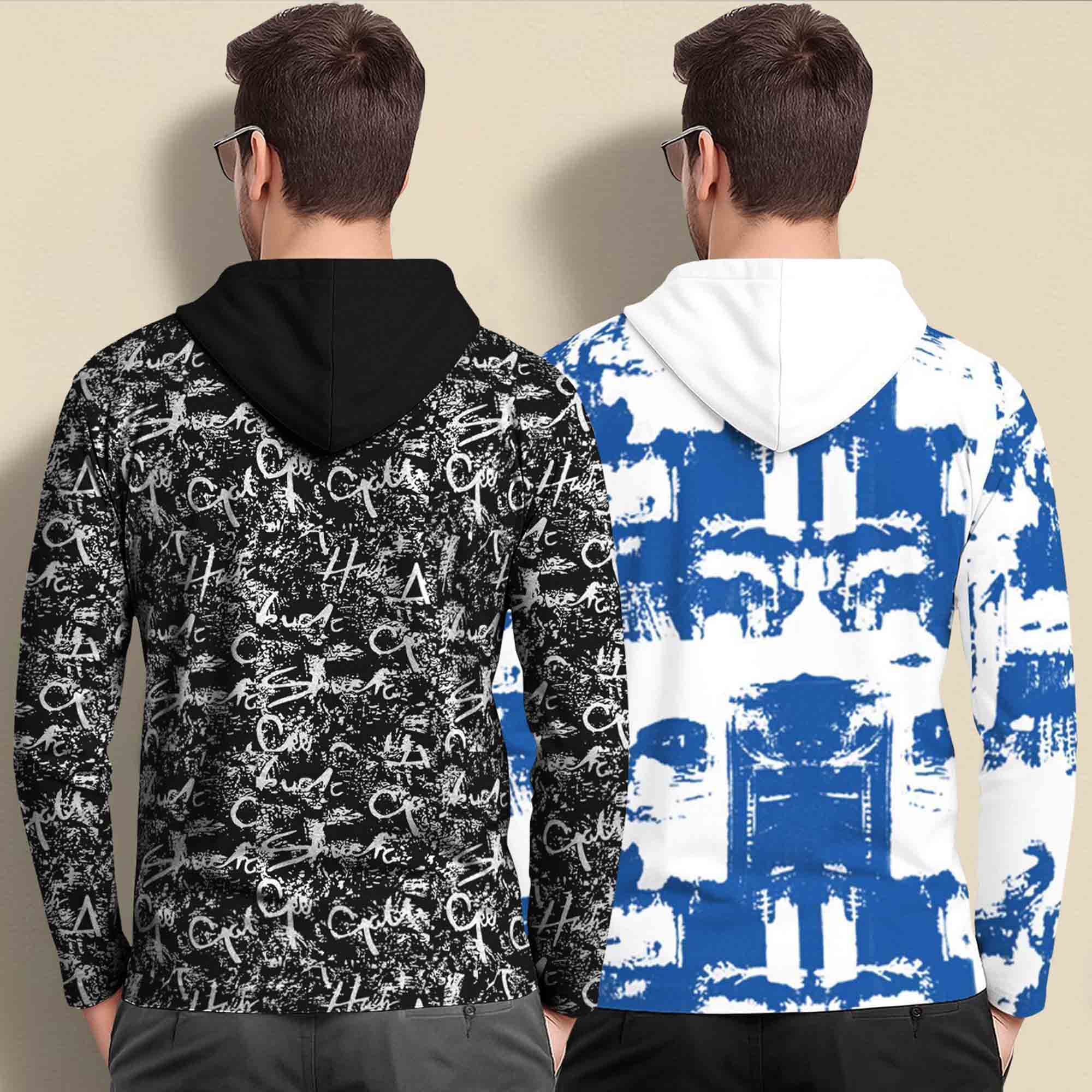 (Pack Of 2) Printed Hooded Full Sleeve T-shirt Black & White
