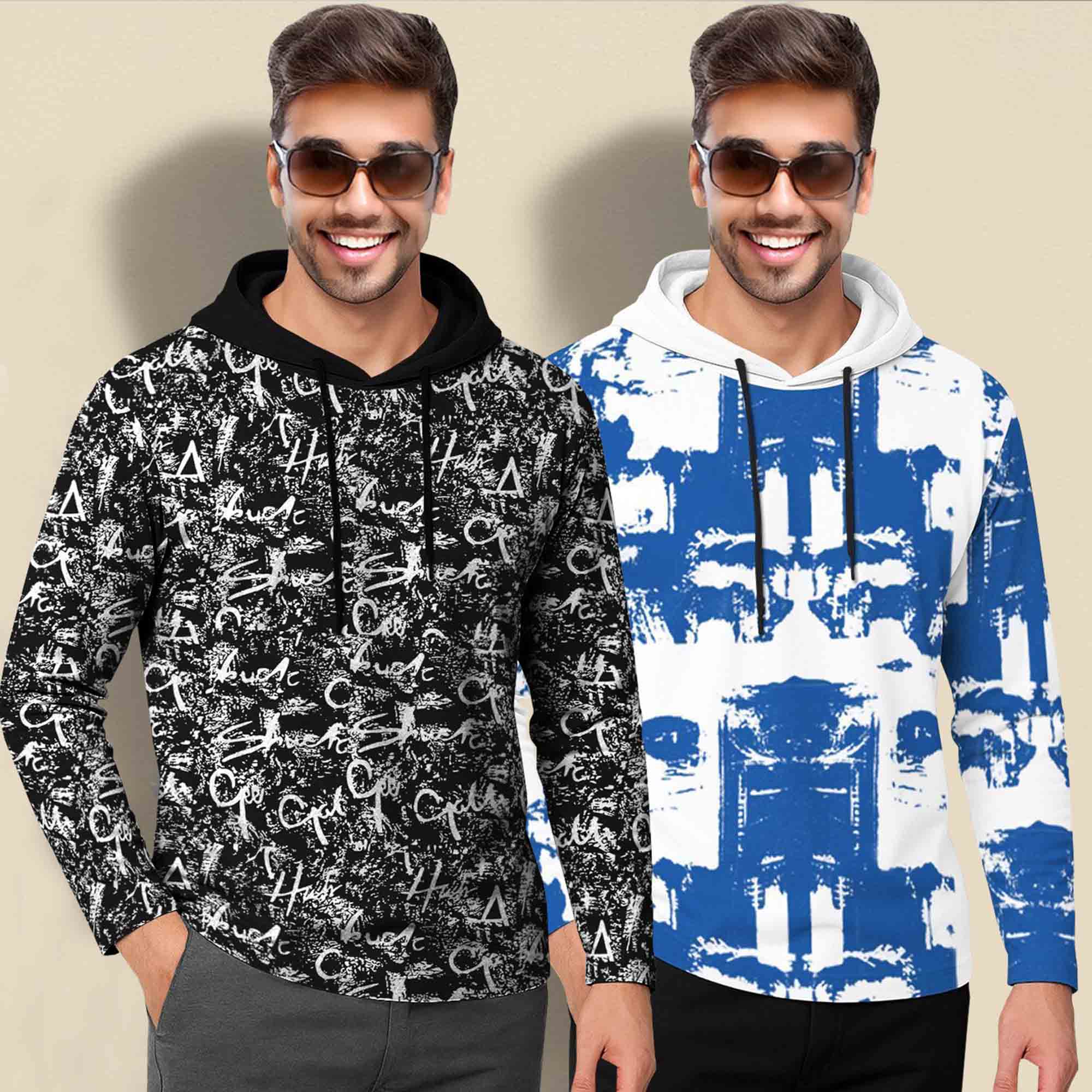 (Pack Of 2) Printed Hooded Full Sleeve T-shirt Black & White