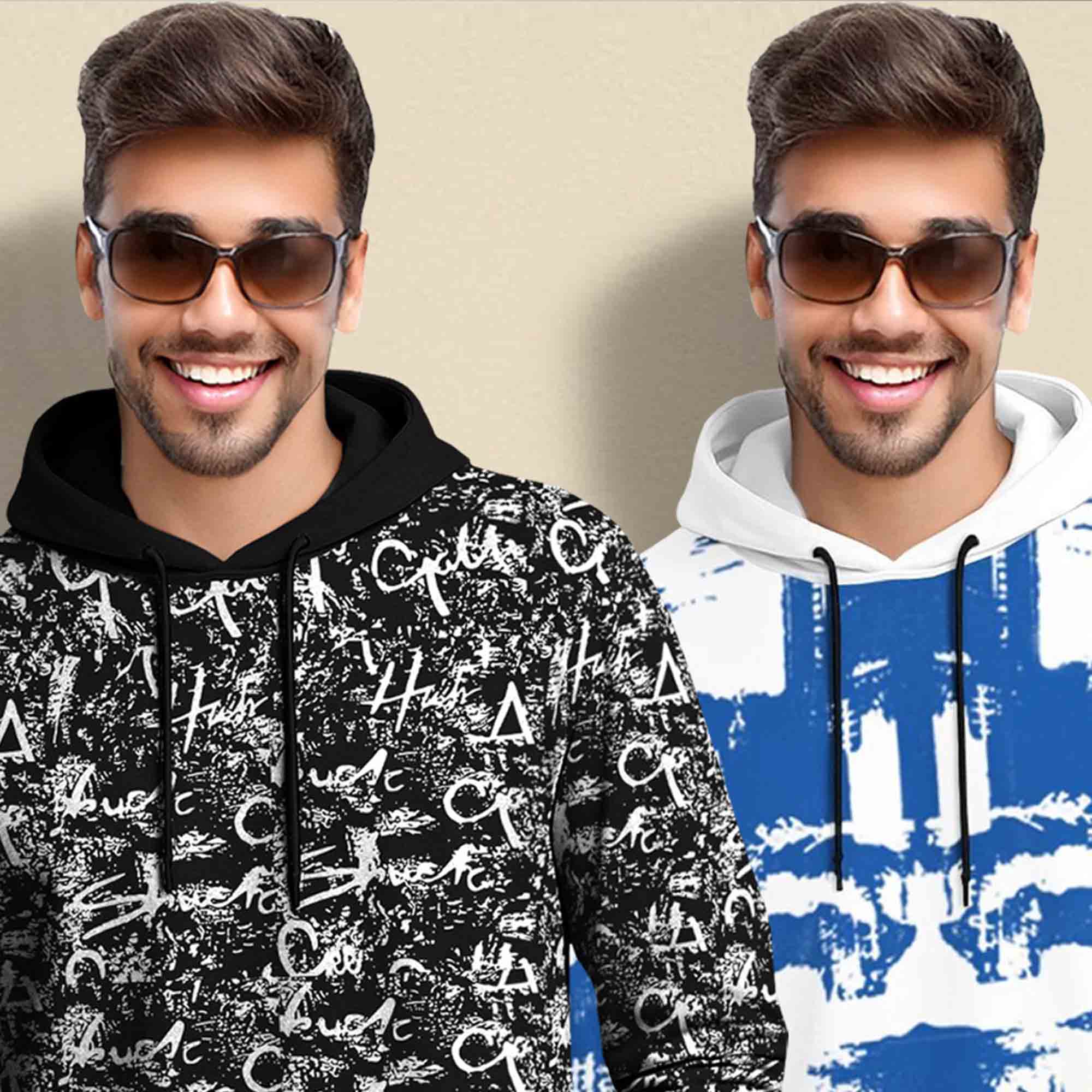 (Pack Of 2) Printed Hooded Full Sleeve T-shirt Black & White