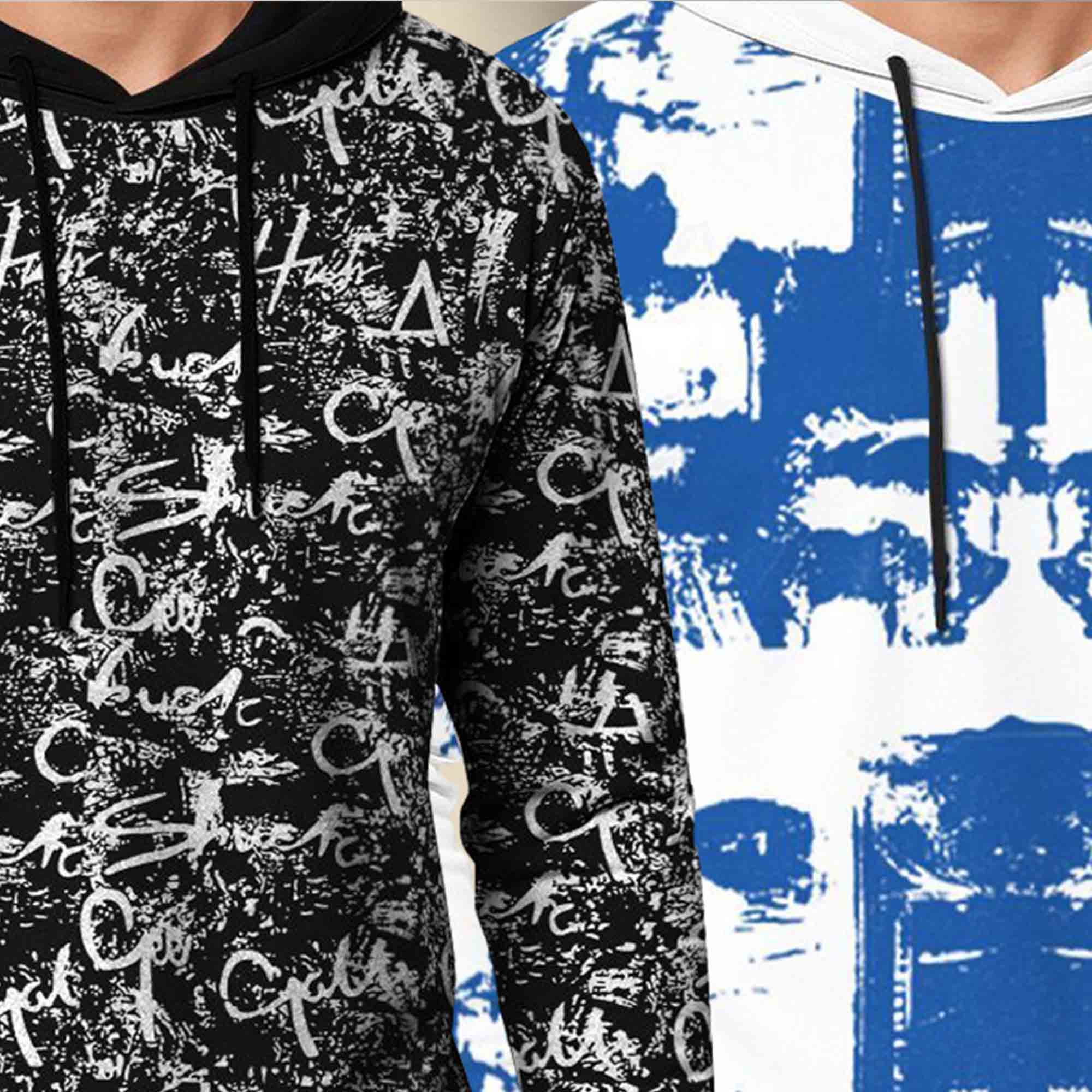 (Pack Of 2) Printed Hooded Full Sleeve T-shirt Black & White