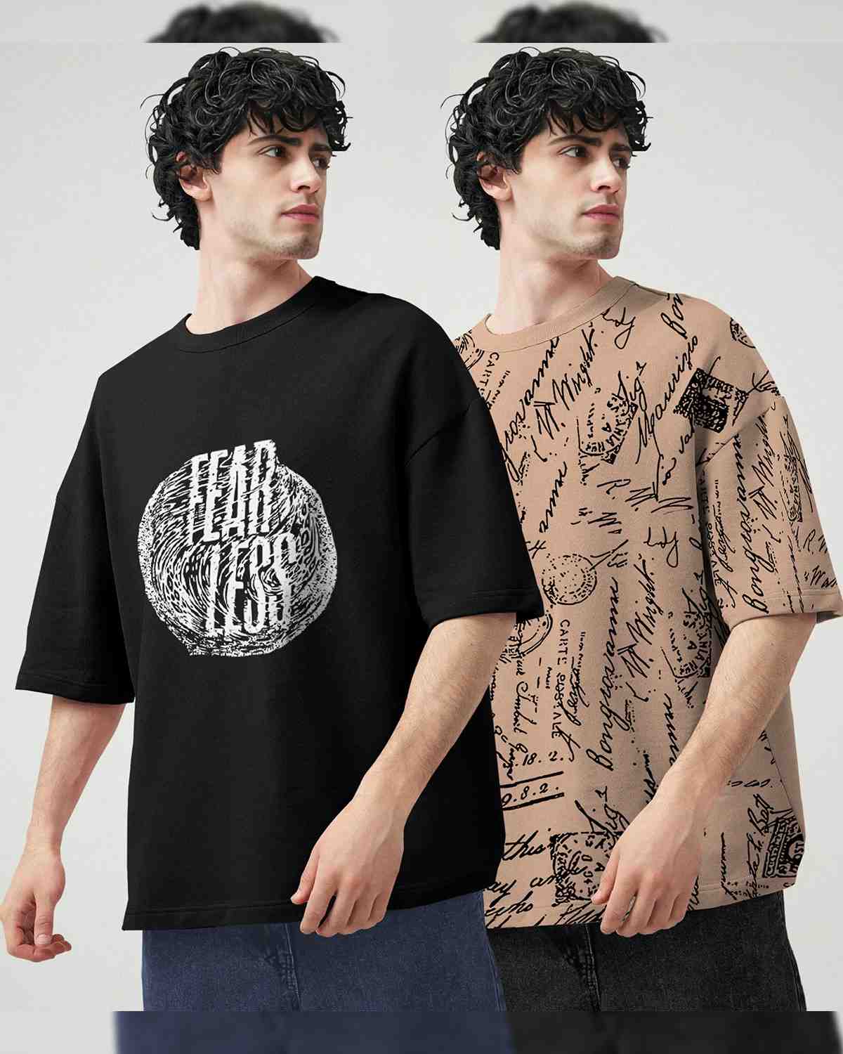 (Pack Of 2) Black & Beige Men Printed Oversized T-shirts