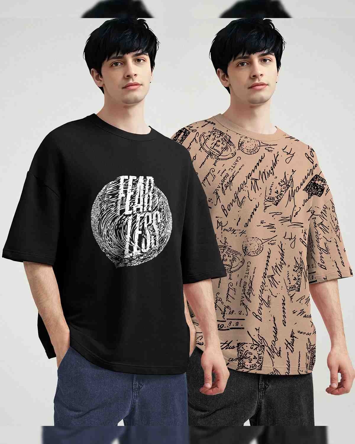 (Pack Of 2) Black & Beige Men Printed Oversized T-shirts