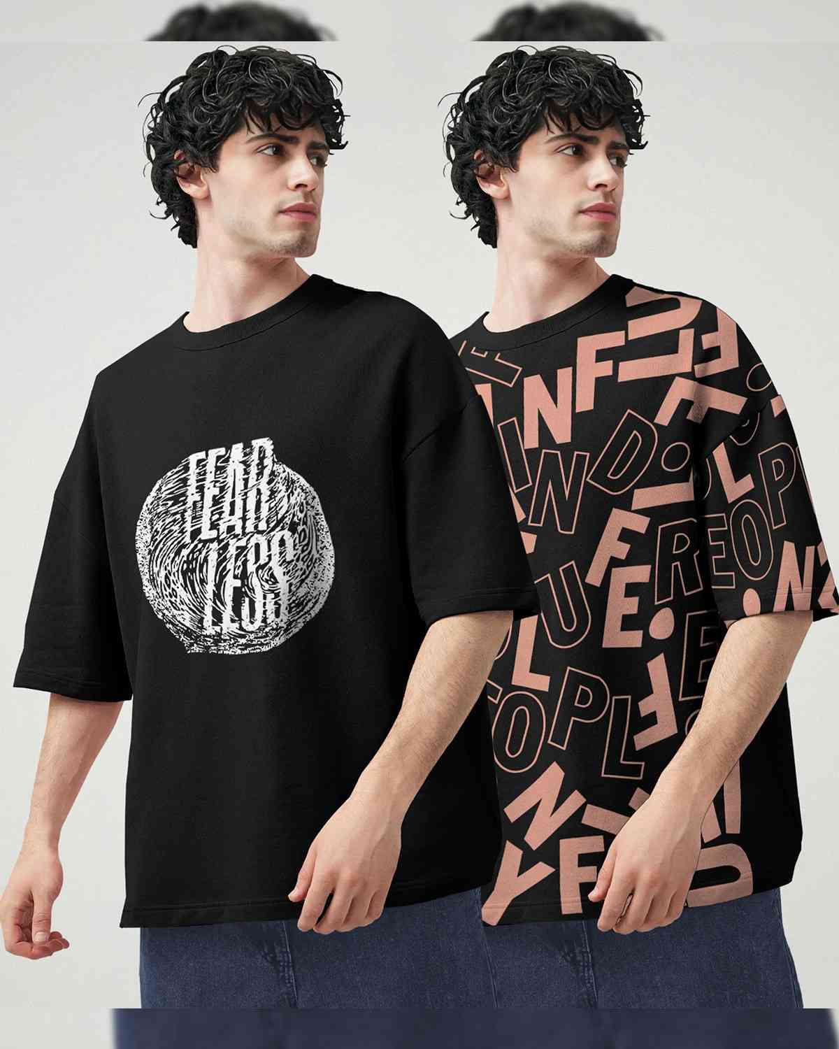 (Pack Of 2) Men Printed Black Oversized T-shirts