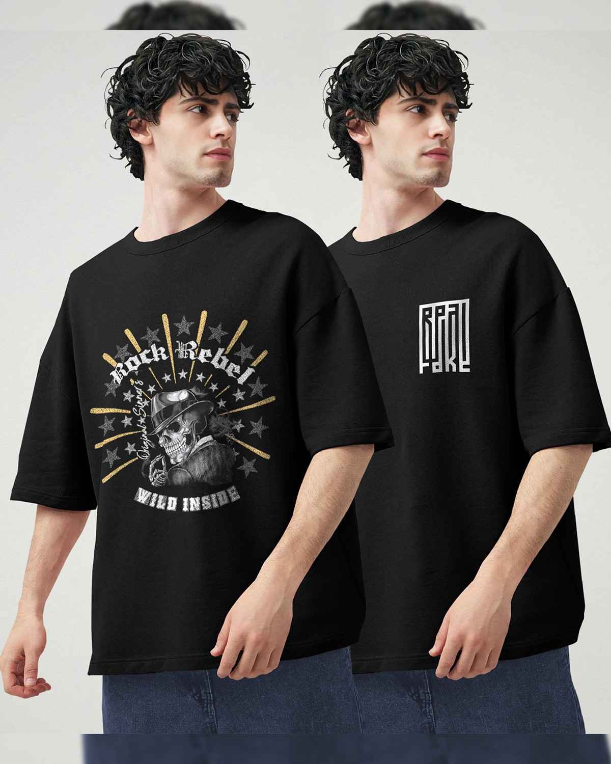 (Pack Of 2) Men Printed Black Oversized T-shirts