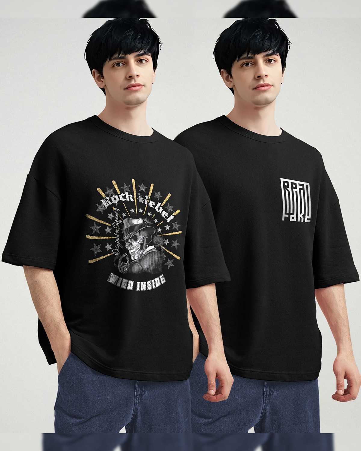 (Pack Of 2) Men Printed Black Oversized T-shirts