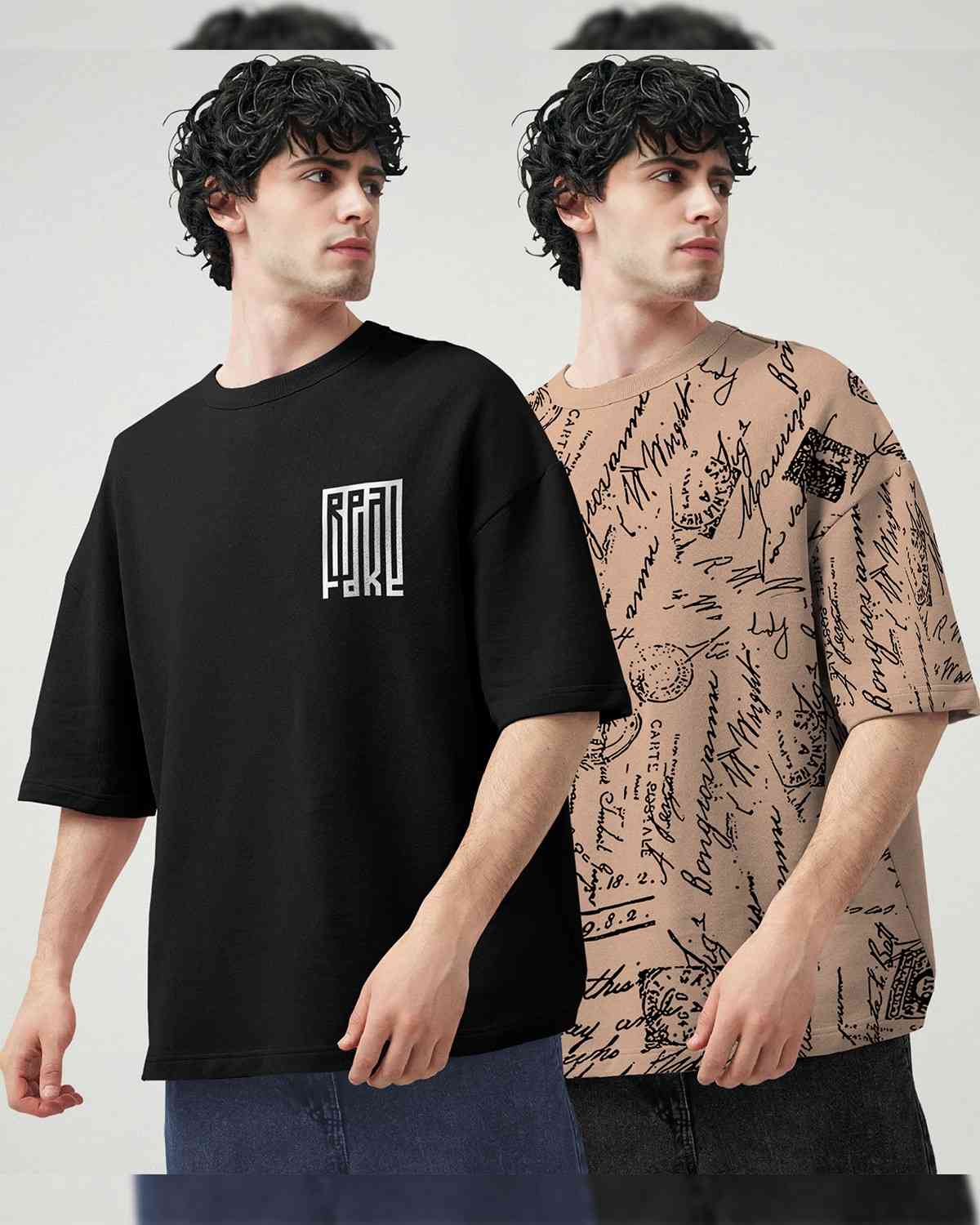 (Pack Of 2) Men Printed Black & Beige Oversized T-shirts