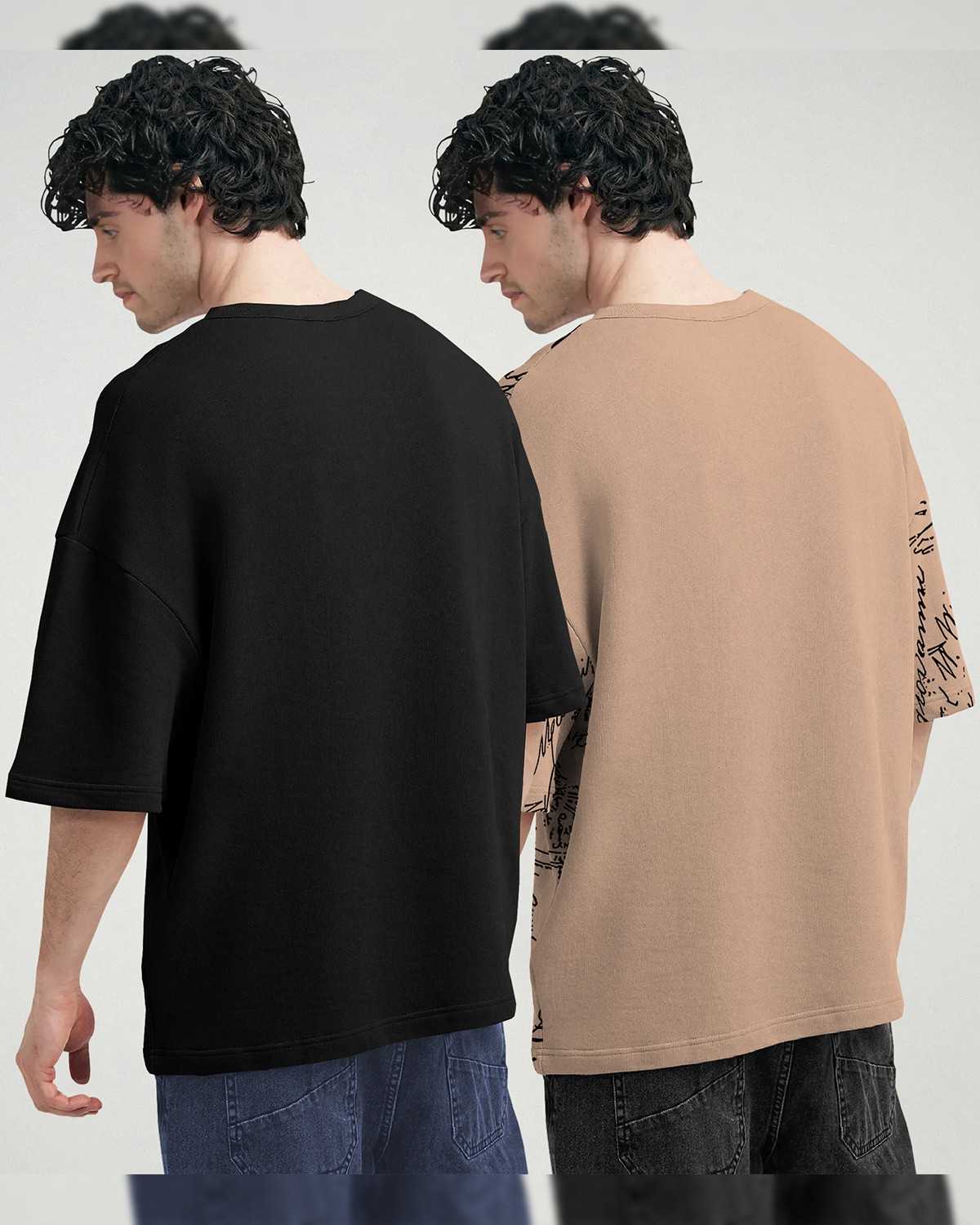 (Pack Of 2) Men Printed Black & Beige Oversized T-shirts