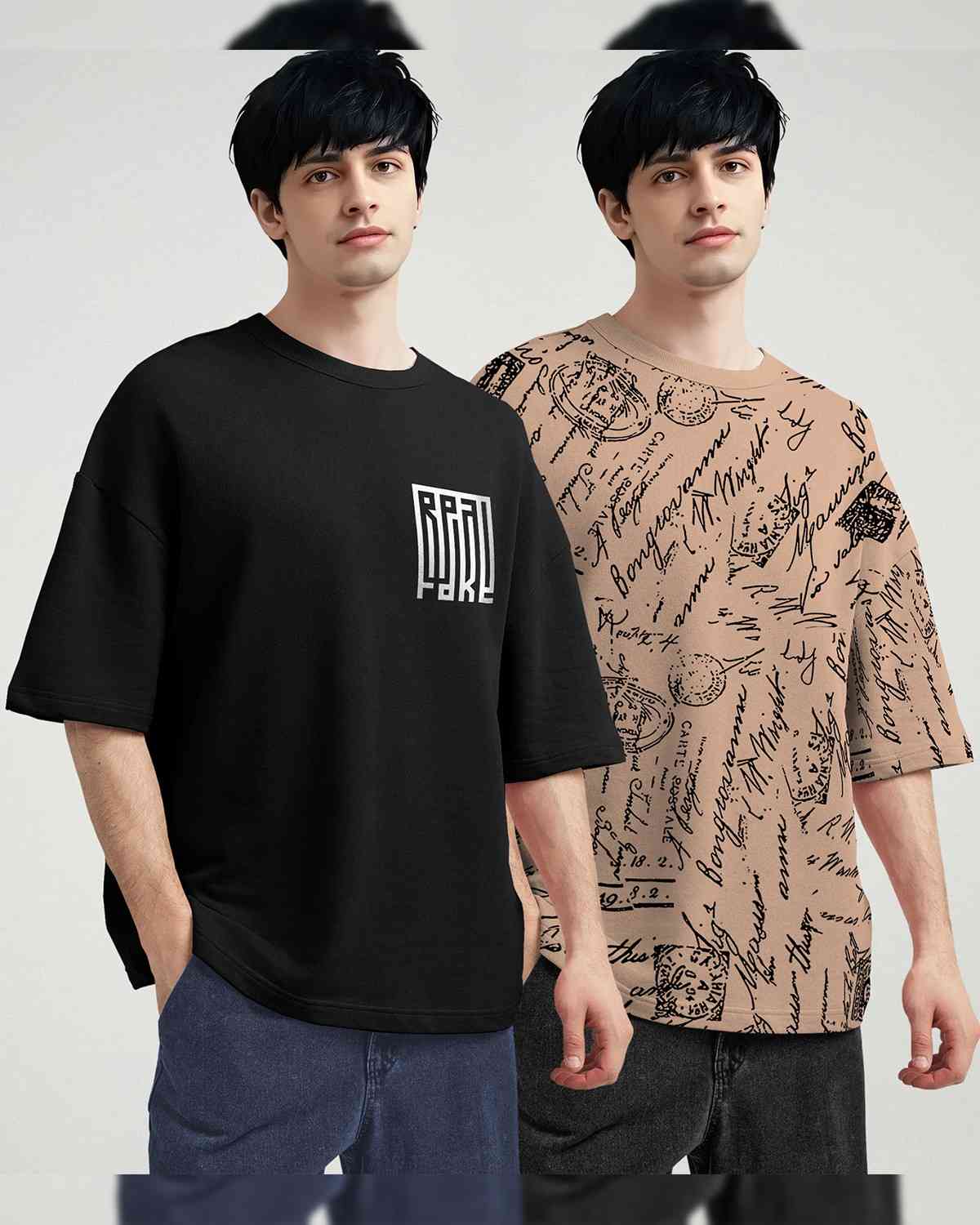 (Pack Of 2) Men Printed Black & Beige Oversized T-shirts